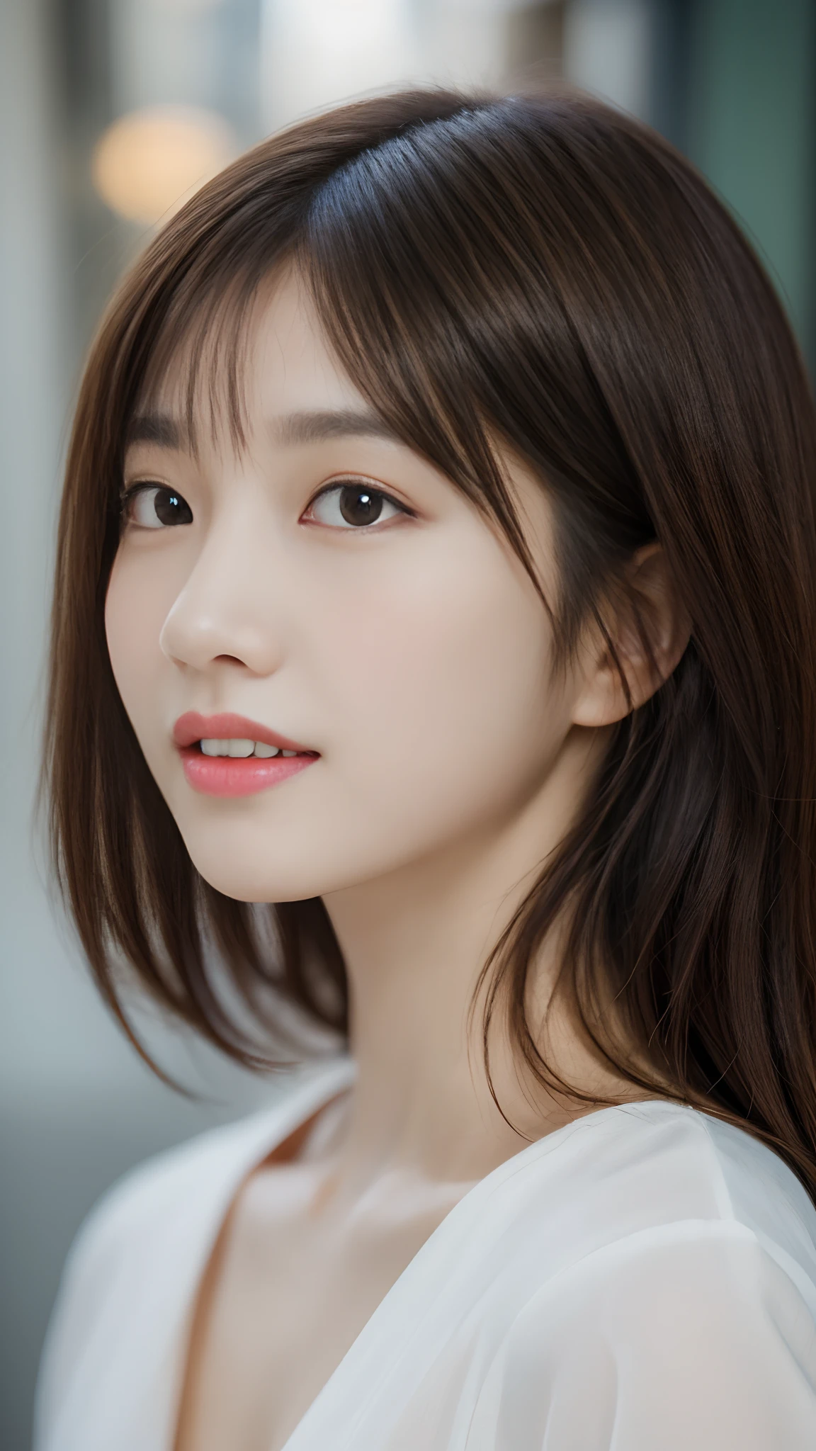((Best Quality:1.2, 8K, Sharp Focus, master piece: 1.2, Cinematic Light, extremely details CG, beautiful Girl, reality, Detailed face textures, Realistic skin, beautiful makeup, Detailed bangs)), (depth of fields), Bokeh background, Head tilt, Smile, closes mouth, shiny black short hair, Cowboy Shot, white bare top mini dress,