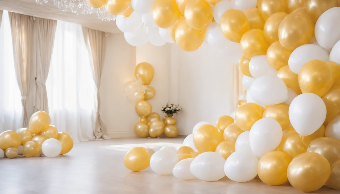 "RAW images, The most beautiful, masterpiece, best quality, high quality, extremely detailed,ARAFE balloon arch with yellow and white balloons and cream and gray happy birthday triangle string, yellow and white, Gold decoration, party balloons, White and yellow color scheme, White and yellow, decorative gold, Gold theme, Cream-colored walls, balloons, decorate, decoration around the walls, balloons, Lavish décor, Luxurious environment, Ornate and flexible, elegant and ornate"