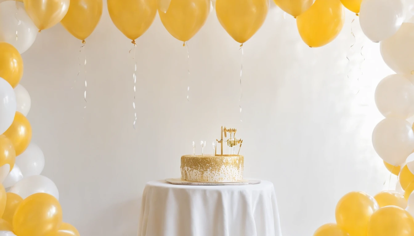 "RAW images, The most beautiful, masterpiece, best quality, high quality, extremely detailed,ARAFE balloon arch with yellow and white balloons and cream and gray happy birthday triangle string, yellow and white, Gold decoration, party balloons, White and yellow color scheme, White and yellow, decorative gold, Gold theme, Cream-colored walls, balloons, decorate, decoration around the walls, balloons, Lavish décor, Luxurious environment, Ornate and flexible, elegant and ornate"