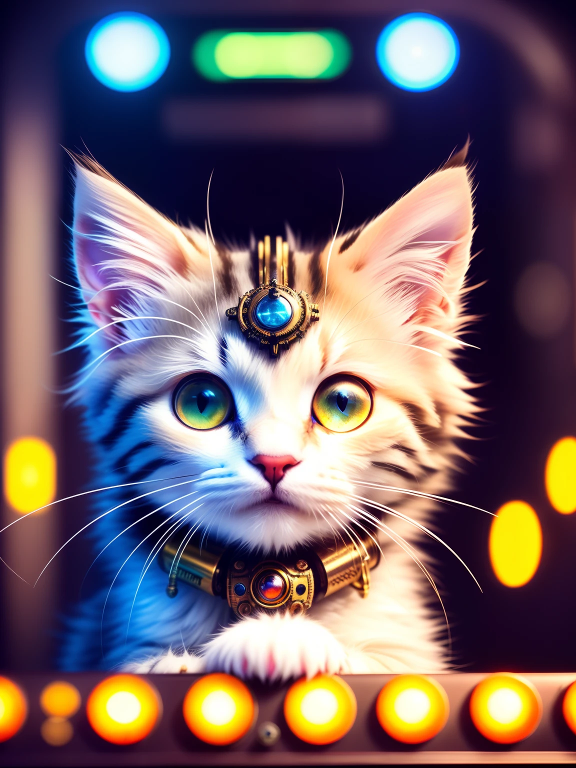 A cute fluffy kitten,made of metal, Cyborg, Cyberpunk Style, Clockwork, ((Intricate details)), hdr, Big eyes, ((Intricate details, ultra - detailed)), Vacuum tubes or tubes, cinema shot, Vignette, Bokeh effect Baker ground