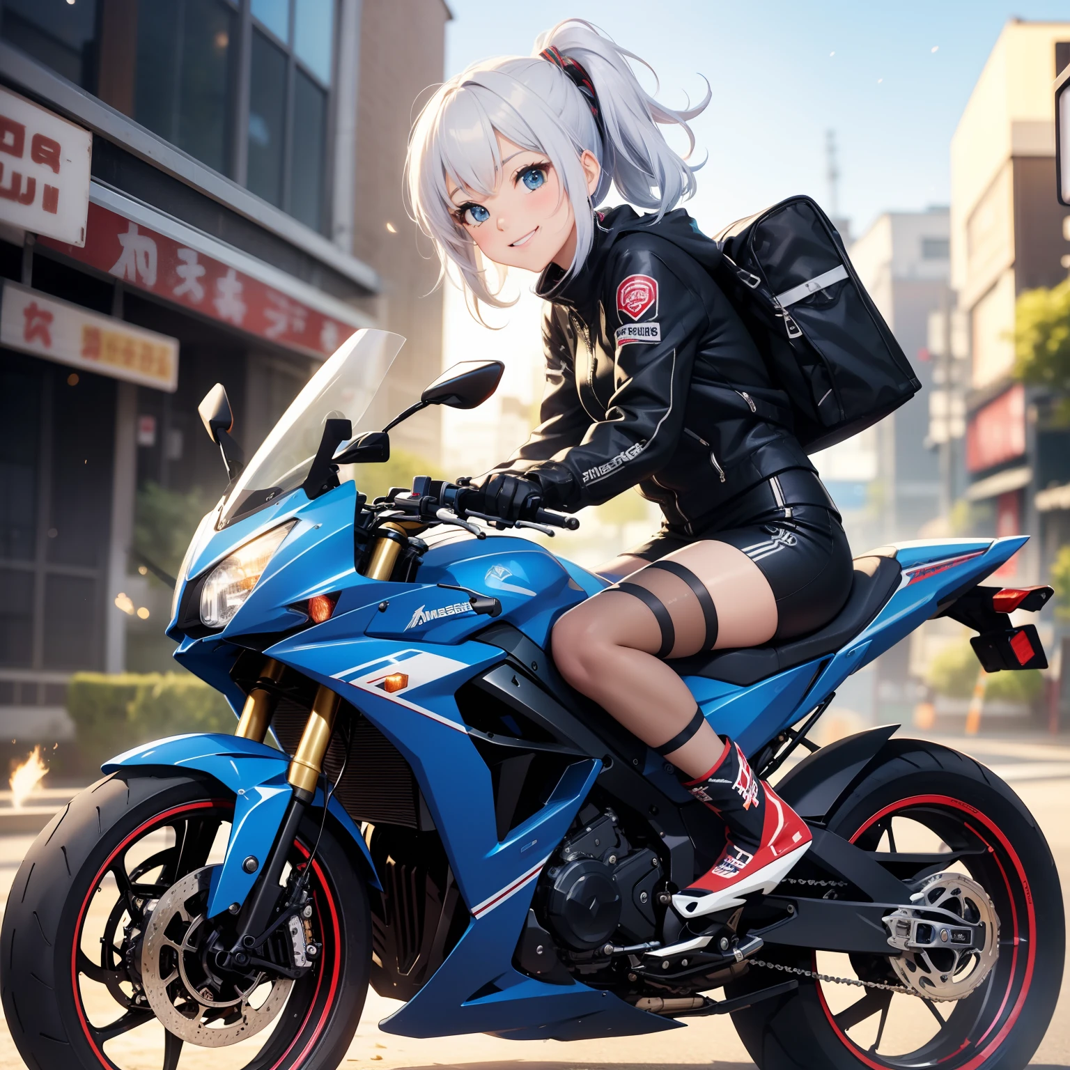 top-quality、8K、hight resolution、masterpiece、(portlate:0.6)、Kawasaki bikes ride at high speed around the city、(slow motion:1.3)、(Motion Blur:1.3)、(SPEEDLINE:1.4)、Sense of speed、1girl in、Sparks and smoke coming out of tires、silber hair、Middle hair、(A smile:1.3)、(Look at viewers:1.3)、(bokeh dof)、18year old、cute face、Ninja,Blue Metallic,Majora,fluorescent