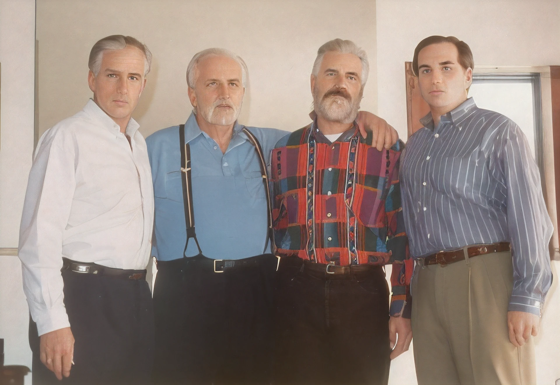 three men standing next to each other in a room, 1990's photo, photo 1 9 9 0 s, taken in the early 1990s, clothed.1990s, close up 1 9 9 0, taken in the late 1980s, taken in 1 9 9 7, 90s photo, group portrait, Film Photography,Film grain, 8K Photo, 8K Quality, Professional Photography, High Resolution, High Detail, High Fidelity, Detailed hair, Detailed hair strands, Detailed skin,Detailed skin texture, Detailed pores, Detailed fabric textures, Detailed Clothes, Detailed cloth textures, Detailed cloth wrinkles, Sharp focus, Detailed shirt, Detailed outfit