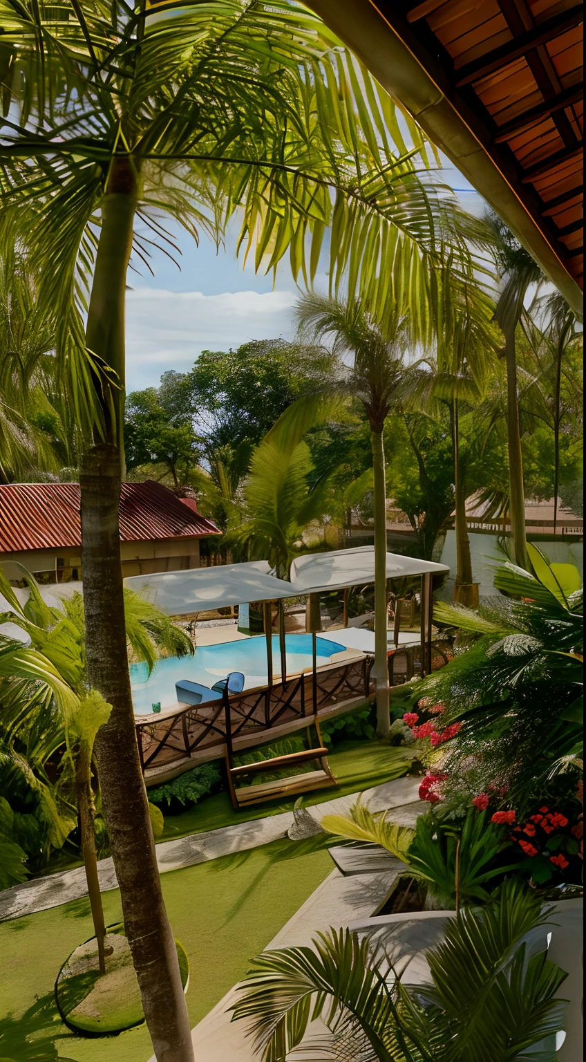 There is a swimming pool and a deck in the backyard of a house, ao lado de uma piscina tropical, Directed by: Felipe Seade, Malika Favre, Arredores exuberantes, tropical backdrop, recorrer, piscina tropical, paradise in the background, Completo - Ver, View from above, birdview, Poolside, visto de cima, tropical location, um tiro largo e cheio, foto tirada de cima