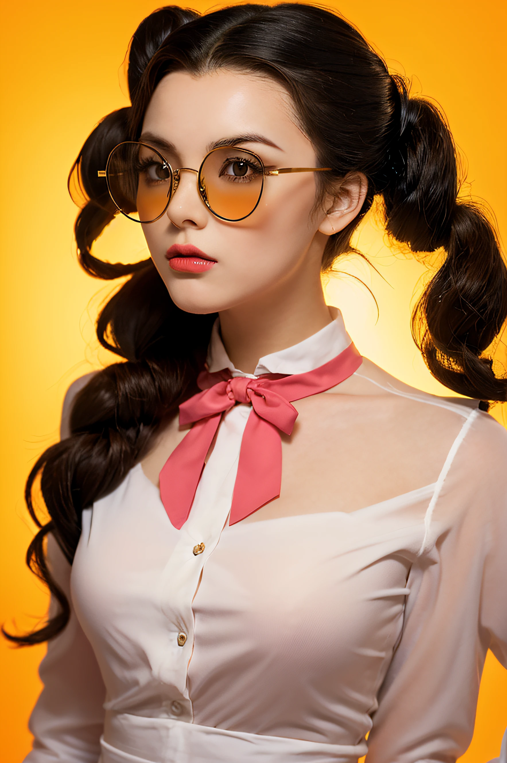 a photo of a glass woman, teenager, egirl, cosplay, 16yo, (Vintage hairstyle | Victory Rolls),butterfly glasses, big lips, round_eyewear, solo, pride, upper_body, (looking at the viewer:1.1), orange_background, realistic,pink Long-sleeved secretary blouse with high collar, 80s-style glasses, chin lifted , silhouette_lighting, epiCRealism, backlight silhouette_lighting, epiCRealism, backlight