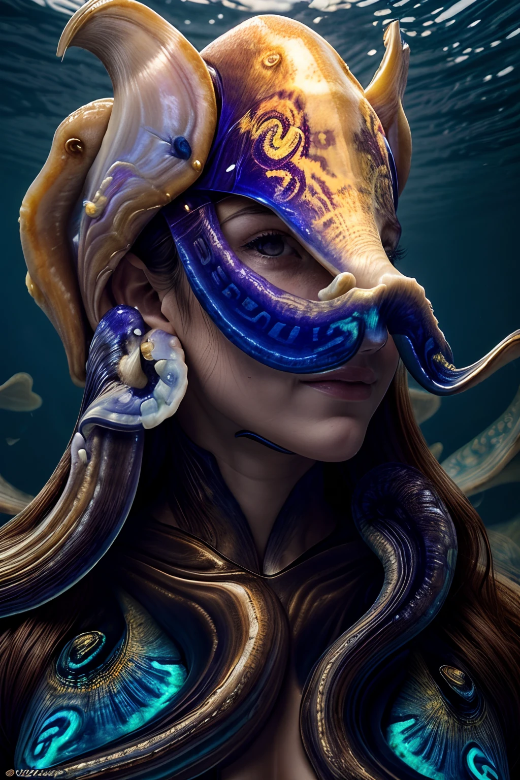 1 woman cuttlefish:1.2 , 30yo, selfie as a (human-sized cuttlefish:2.0), she's full fused into ((cuttlefish)), (stunning cuttlefish detail:1.7), eight arms and two tentacles, exterior open ocean, highly detailed texture,(chromatophores:1.8), dream-like, gorgeous color changes (metachrosis), Cephalopod:1.9, blue sky, open ocean, ((high contrast)), luminous, slippery, (deep, darkest shadows), (shadow details:1.0), ((taken using Leica camera, aperture: f/2.3)) ,(kkw-ph1:0.9), hyper-realistic skin, pores and freckles, (she has sand blonde hair, long, messy), her hair is pulled back over her ear, her ears are cuttlefish tentacles, cephalopod-like, shell ears, beautiful cephalopod, healthy sun-kissed skin, blushing, her arms and tentacles relaxed near around her, ,relaxed pose, she's in dark with natural light glow, radiant skin , sultry, tantalizing, perfectly framed face, perfect relaxed , perfect arms, (perfect portrait, incredible eyes:1.1), a work of art, beautiful composition, golden ratio, playful pleasure joy, inspiring, (highest quality fabric texture), every detail,Fine facial features – (Highest Quality) ,Leica camera film, High quality ○○ detailed – ○○ details ultra detailed(Ultra-fine ), Photorealistic, Extremely detailed(Extremely detailed) , (highest detail image, lens flare, realistic)○○ res – ○○ resolution ultra high res(A high resolution),playfully sexy and relaxed photos
