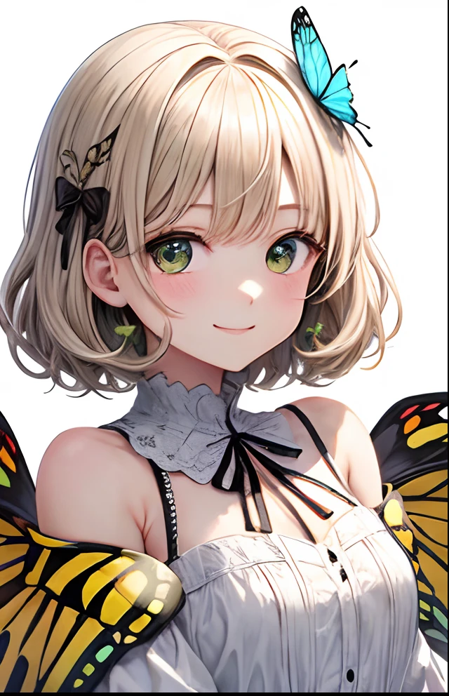 girl with、No background、without background、Background through、Golden white hair、Ocher-colored hair、short-cut、Subject bangs、Aligned bangs、Eyes are green、Green eye、、robe blanche、White Dress、Shoulder out、shortsleeves、bow ribbon、butterflys々Feathers of、Butterfly wings grow、butterflys々、A smile、A smile、kawaii、Background white、without background