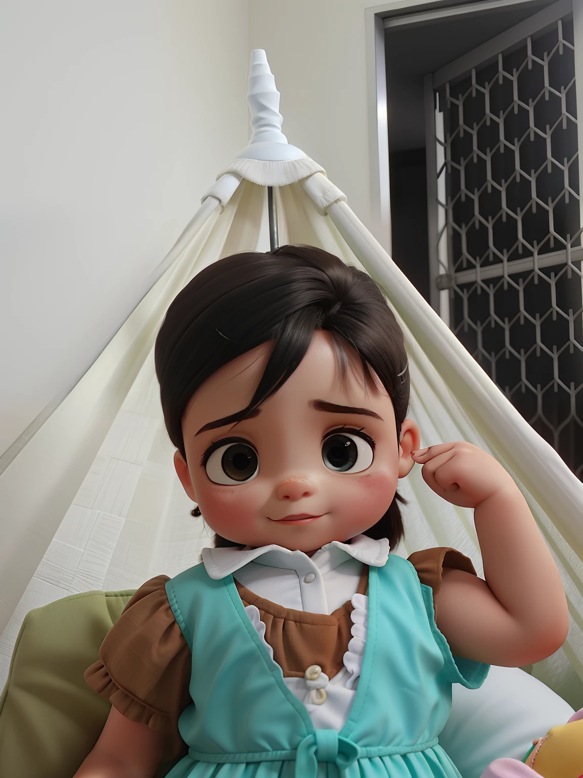 Retrato de um bebe chupando chupeta, sentando na rede, chorando.