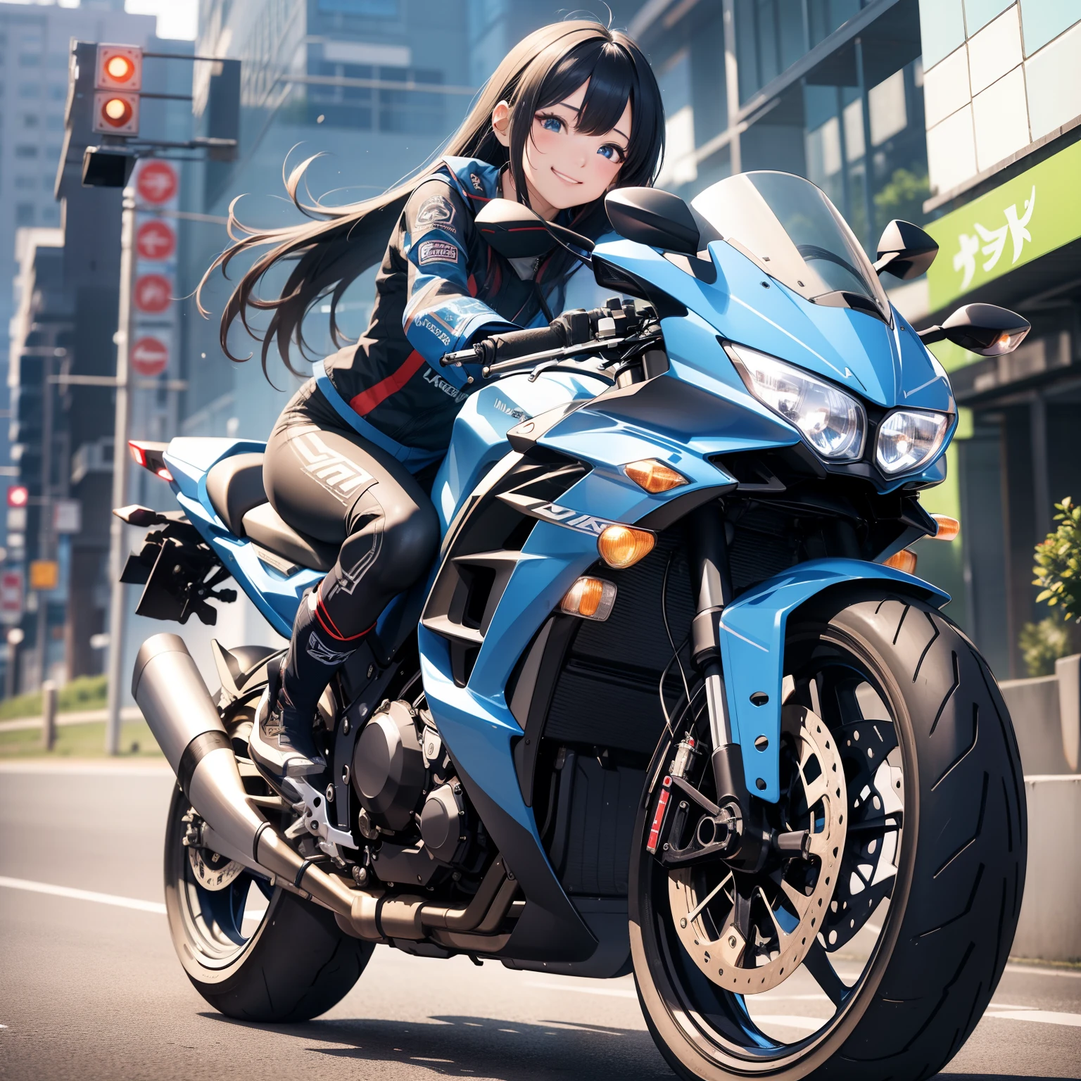top-quality、8K、hight resolution、masterpiece、(portlate:0.6)、Kawasaki bikes ride at high speed around the city、(slow motion:1.3)、(Motion Blur:1.3)、(SPEEDLINE:1.4)、Sense of speed、1girl in、Sparks and smoke coming out of tires、silber hair、Middle hair、(A smile:1.3)、(Look at viewers:1.3)、(bokeh dof)、18year old、cute face、Ninja,Blue Metallic,Majora,fluorescent