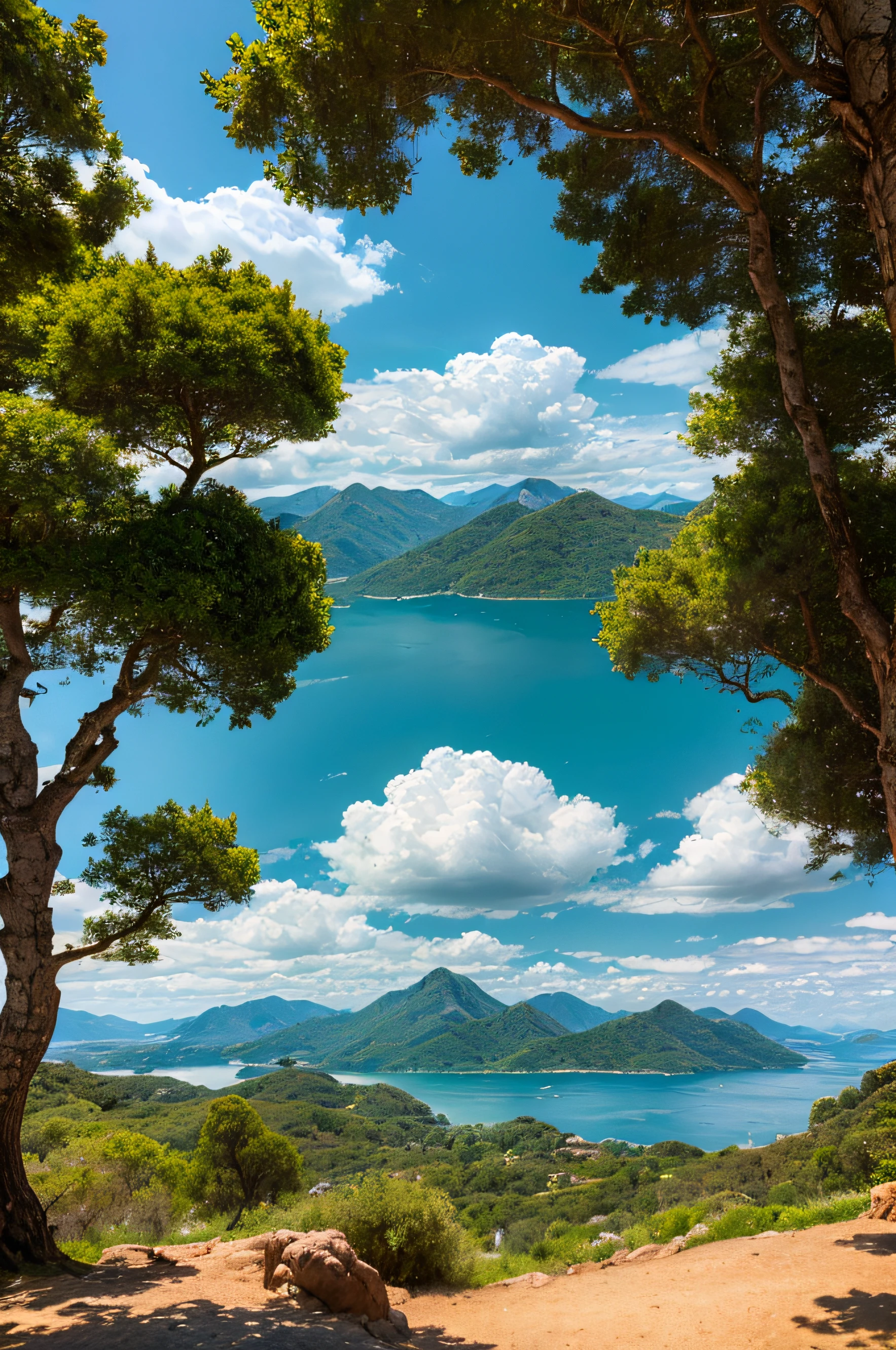 best quality, masterpiece, ultra high res, (photo realistic:1.4), a magnificent landscape with sky, mountains, and floating islands, by Bob Ross, with happy little clouds and trees, 8k