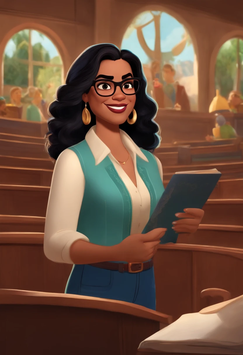 Disney Pixar Luciana is a Brazilian Sign Language teacher, she leads the deaf community in the council chamber, a white woman, with black wavy hair, brown eyes, rounded glasses with a tip.