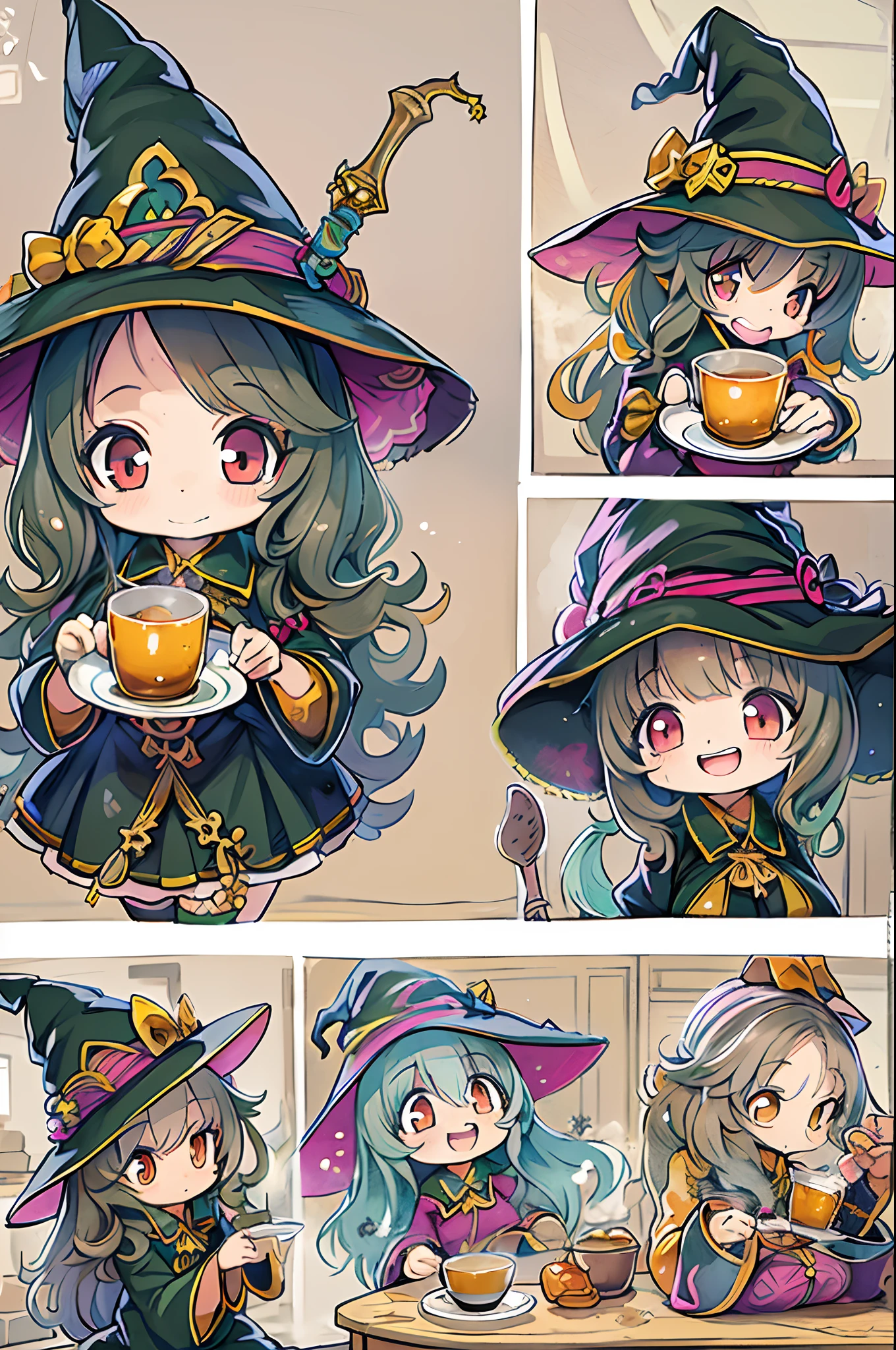 masutepiece, Best Quality, Wizard Tea Party, Chibi, Handsome Female Witch, beautiful witch, highly detailed realistic eyes, Happy, Vibrant, Colorful,