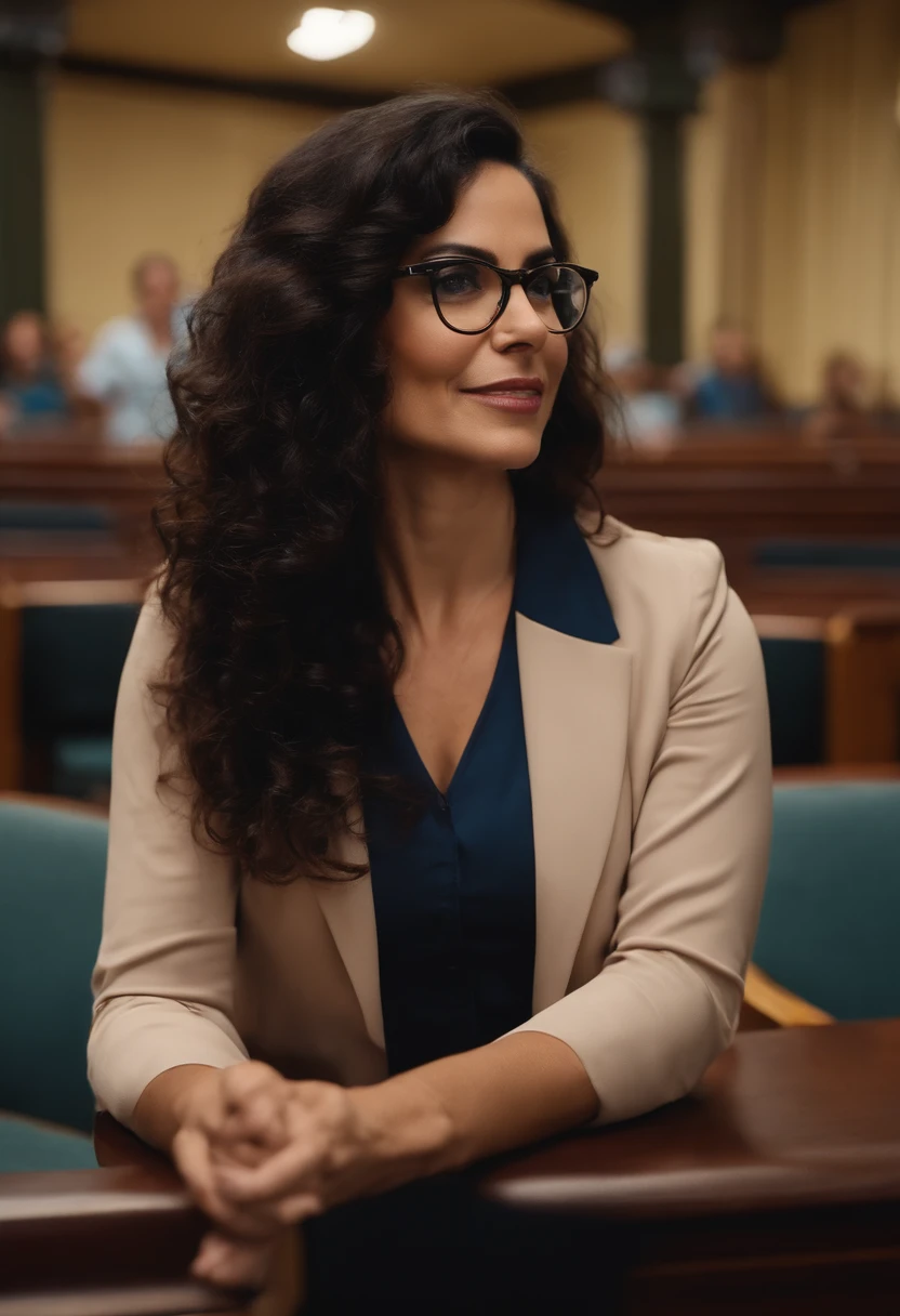 Luciana is a Brazilian Sign Language teacher, she leads the deaf community in the council chamber, a white woman, with black wavy hair, brown eyes, rounded glasses with a tip.