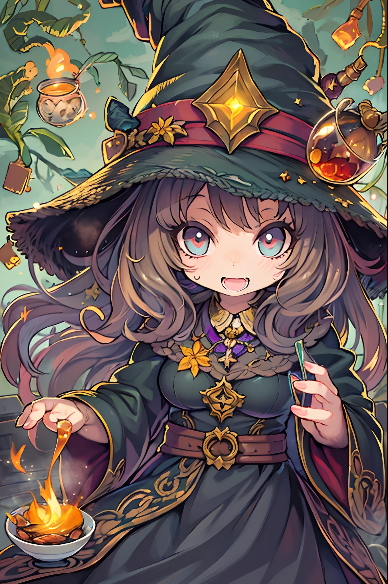 masutepiece, Best Quality, Wizard Tea Party, Chibi, Handsome Female Witch, beautiful witch, highly detailed realistic eyes, Happy, Vibrant, Colorful,