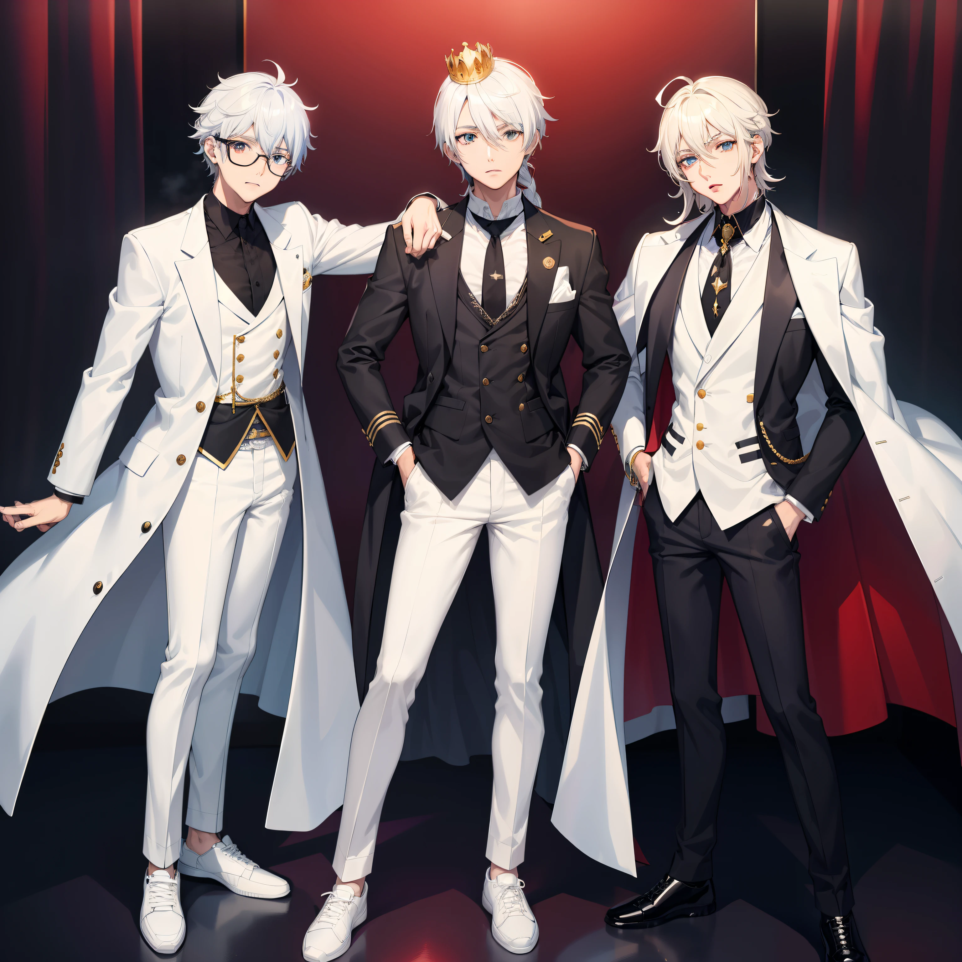 Three Boys, One of them has black hair, in an anime style. One of them wears a white suit, white pants and black sneakers and has white hair, in an anime style. Another wears a white coat, a crown on his head, sunglasses on his face, and blond hair. Anime-style characters, As an anime character, Anime boy.