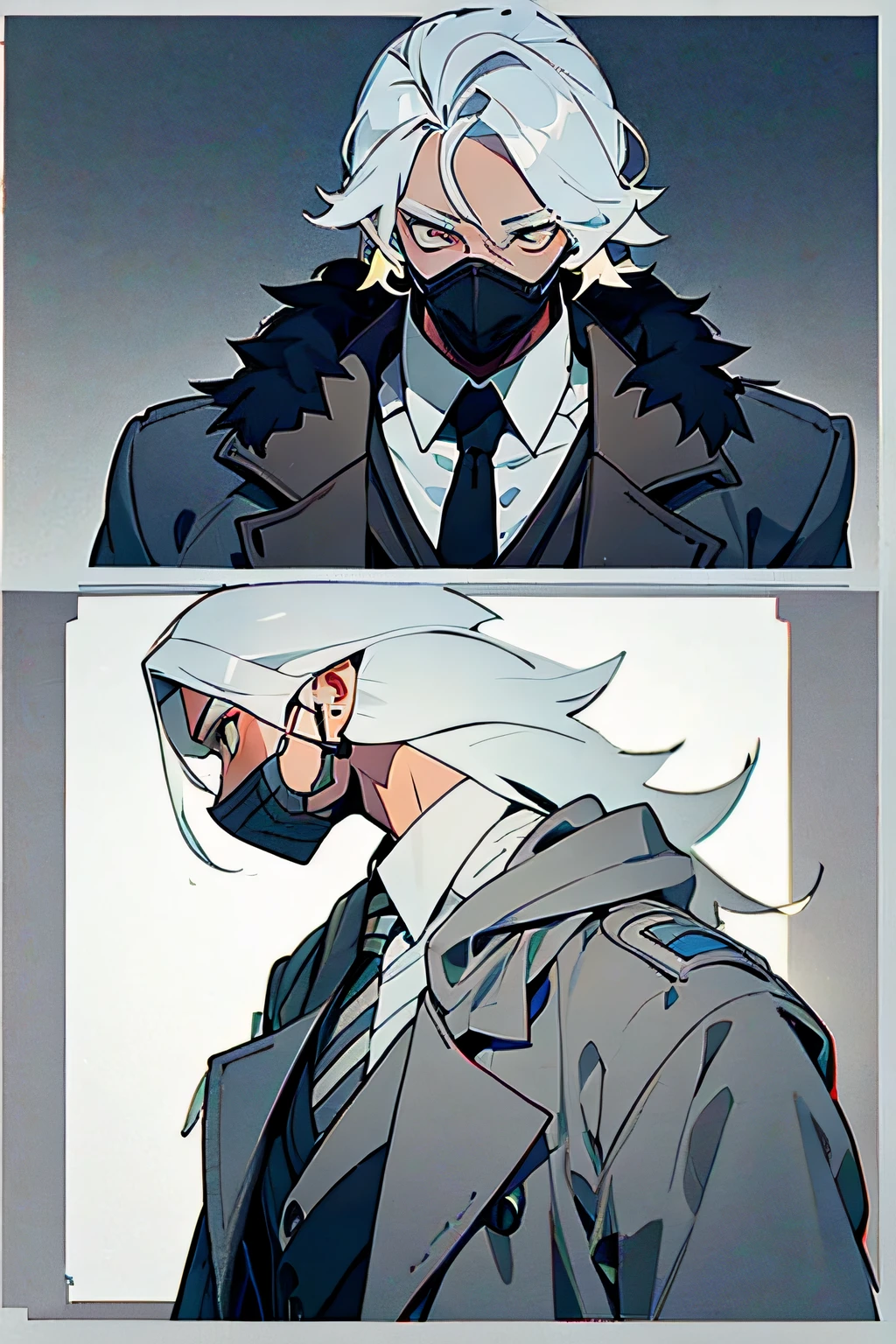 [ character design ],1boy, grey button up trench coat,grey mask with two eye holes, black skin tone, white wolf fur cloth around neck , grey rain theme, detailed outfit, [ character design ]. detailed character design, stylized character design, detailed half body concept, character design art, great character design, concept art, character sheet, modern theme cute style, mage. grey border,suit and tie, upper body, upper body, side pose, cool pose,grey striped gradient background.