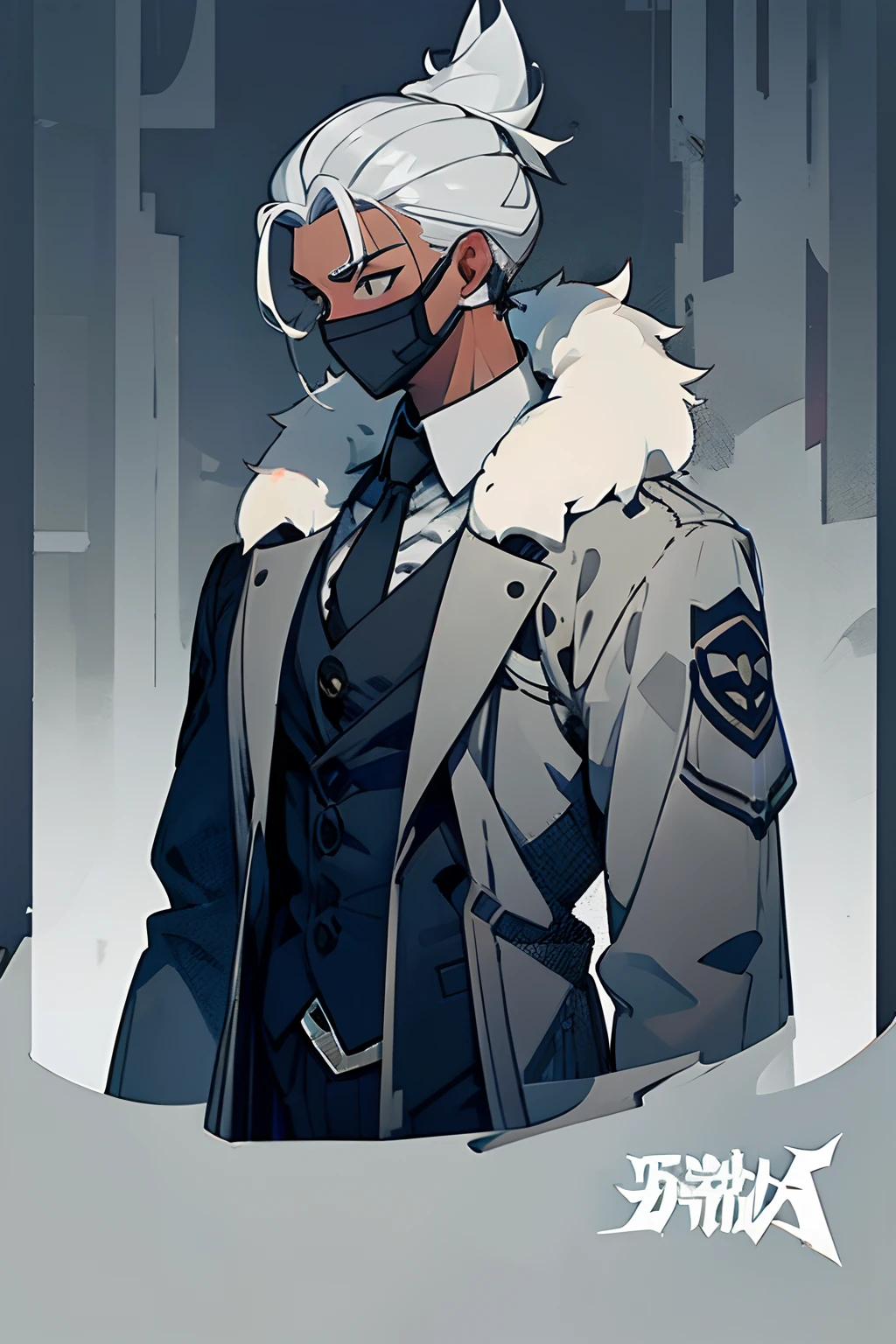 [ character design ],1boy, grey button up trench coat,grey mask with two eye holes, black skin tone, white wolf fur cloth around neck , grey rain theme, detailed outfit, [ character design ]. detailed character design, stylized character design, detailed half body concept, character design art, great character design, concept art, character sheet, modern theme cute style, mage. grey border,suit and tie, upper body, upper body, side pose, cool pose,grey striped gradient background.