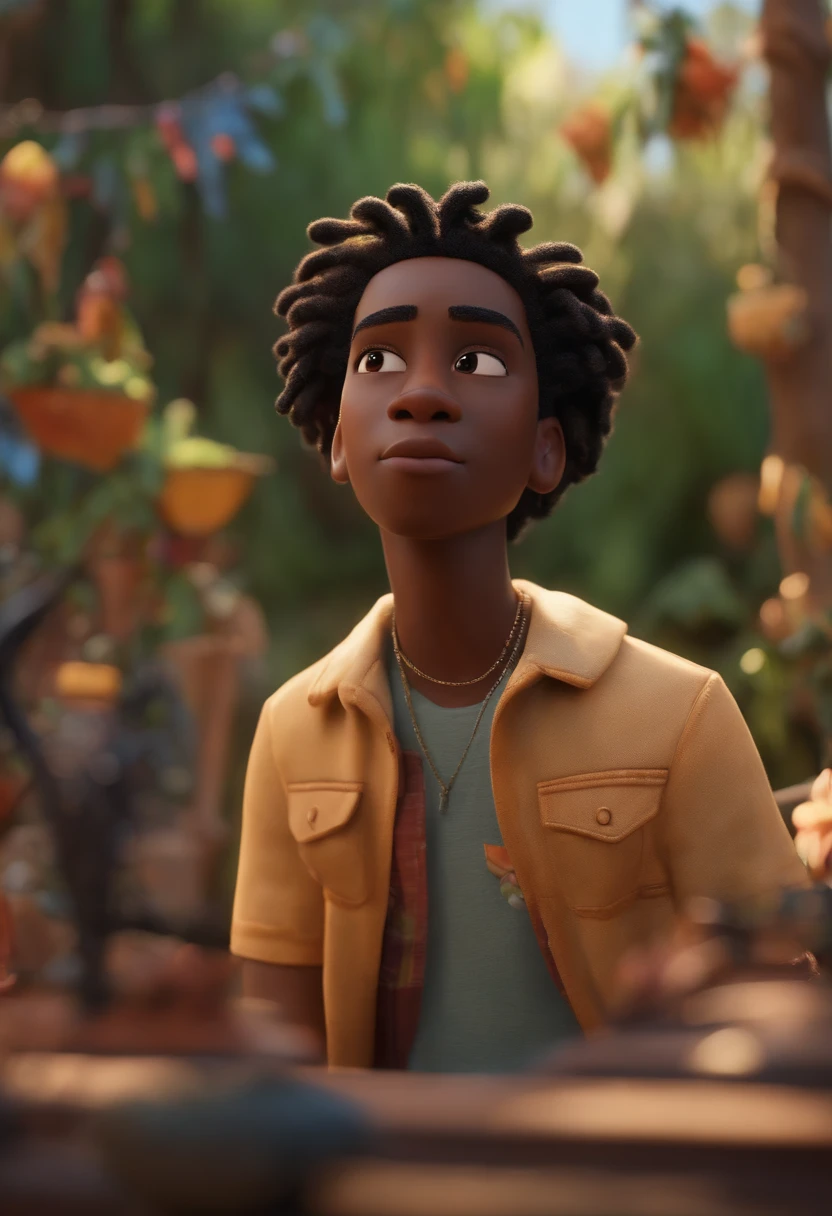 Disney/pixar inspired 3D post capturing a scene with a black man, black hair with blonde tips wearing dreadlocks