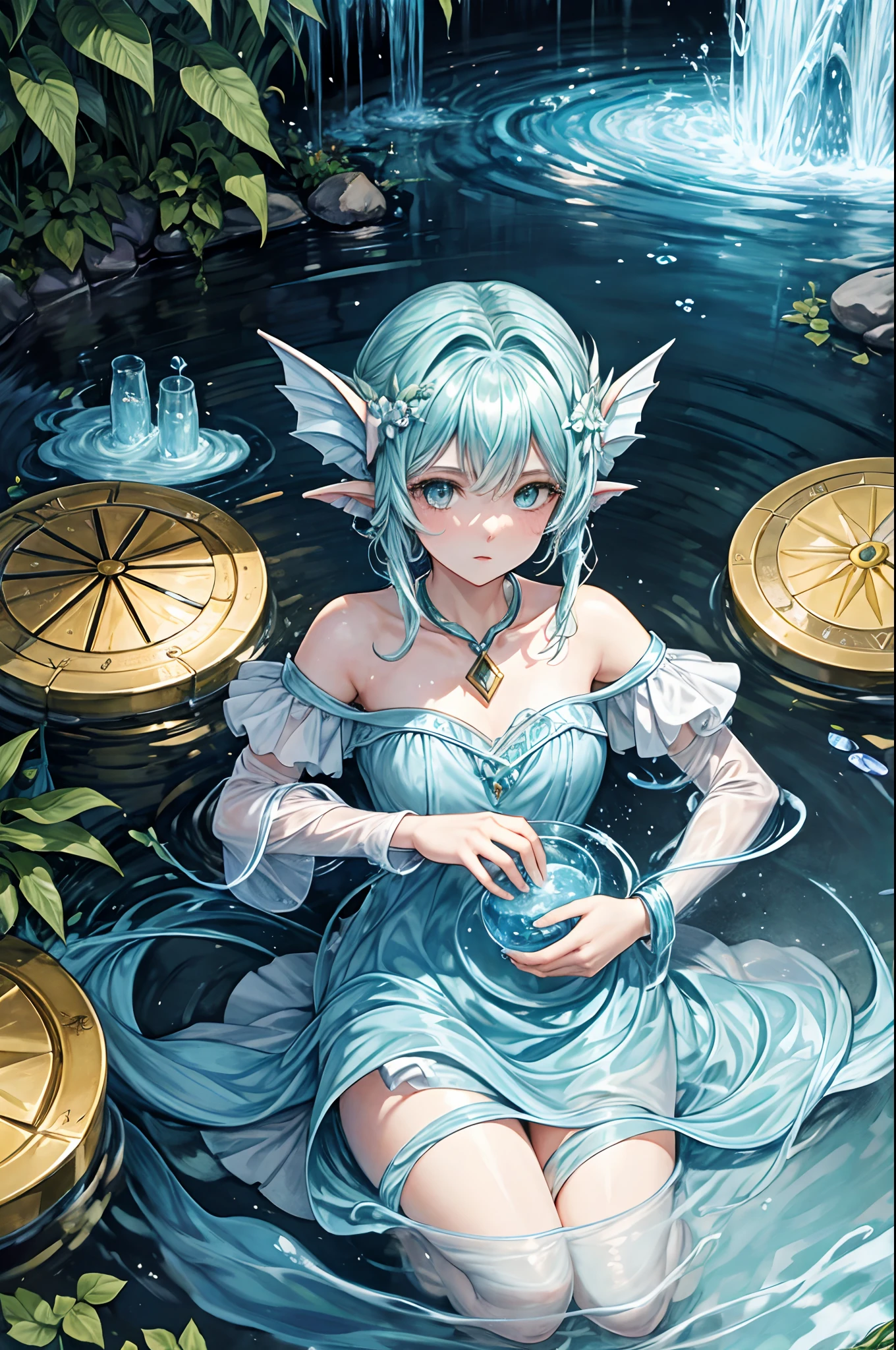 Water Undine performing alchemy. Alchemy themed card game. Water Element.