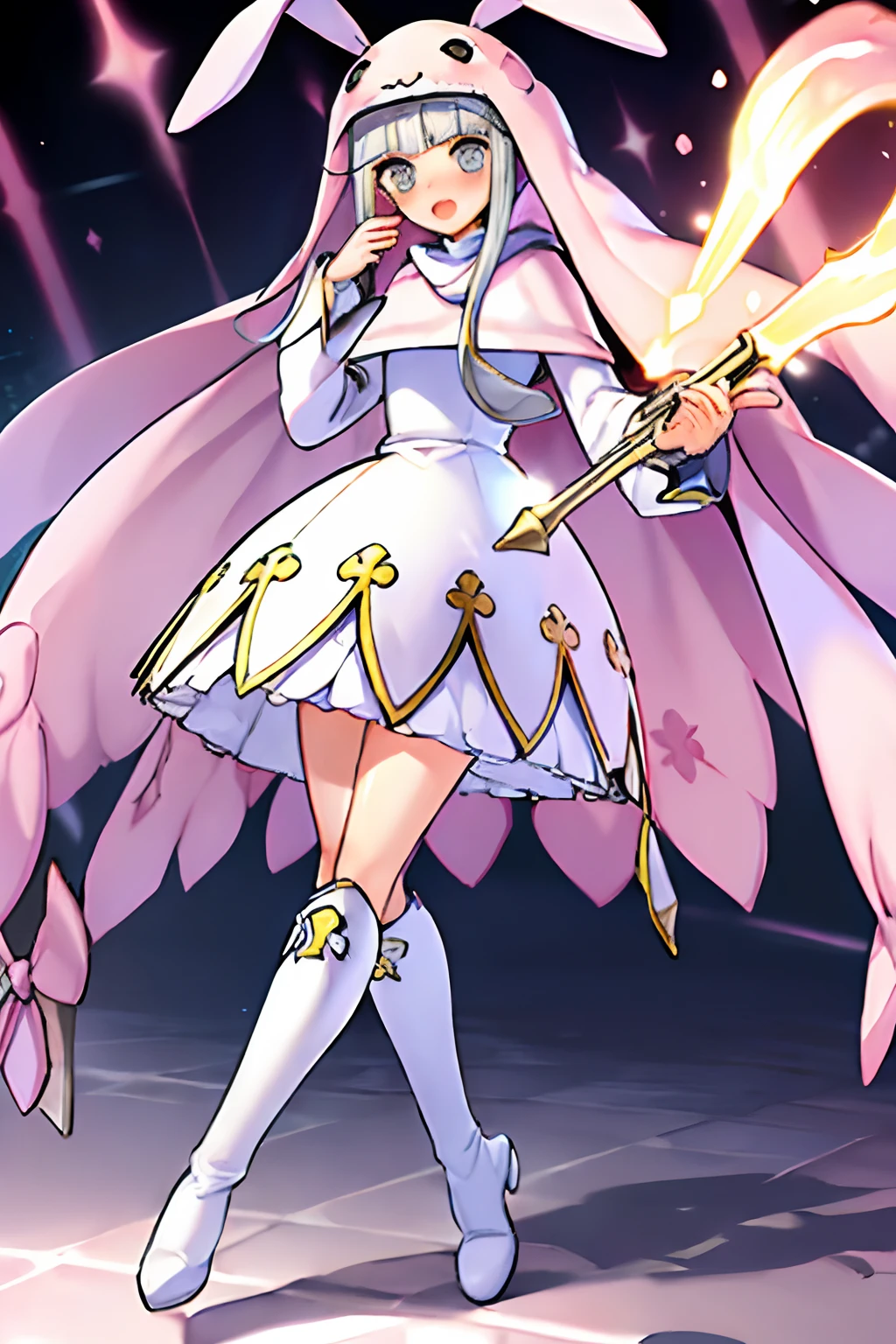 Handsome, slender, ((Sistermon Blanc as a Male)),(( 1boy, solo)), white hair, long hair, grey eyes, white footwear, blush, Priest robes, open mouth, simple background, bangs, blunt bangs, knee boots, long sleeves, sidelocks,((pink Rabbit Hood)),( high quality), high Aesthetic, ((masterpiece))