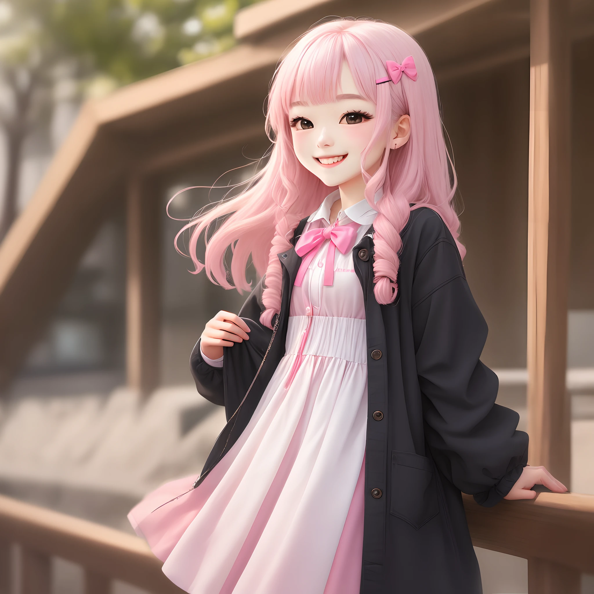 long flowing white hair age girl with black eyes and dressed cutely. she has a sweet gummy smile and wears a pink hairpin