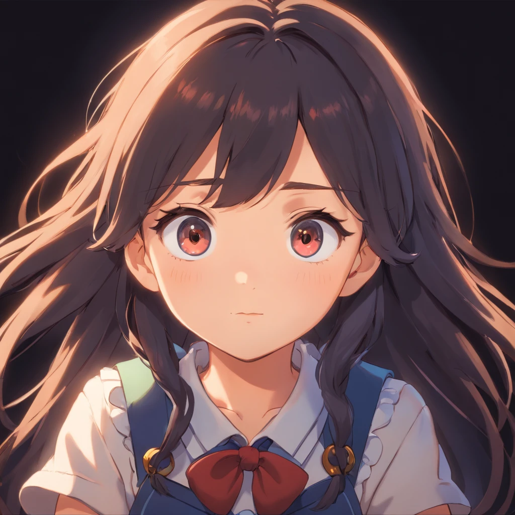A cute girl, a baby face anime girl, anime girl, black eyes and hair a girl, a school girl, black background, dark room, a girl only show face, no body, cute girl only face.