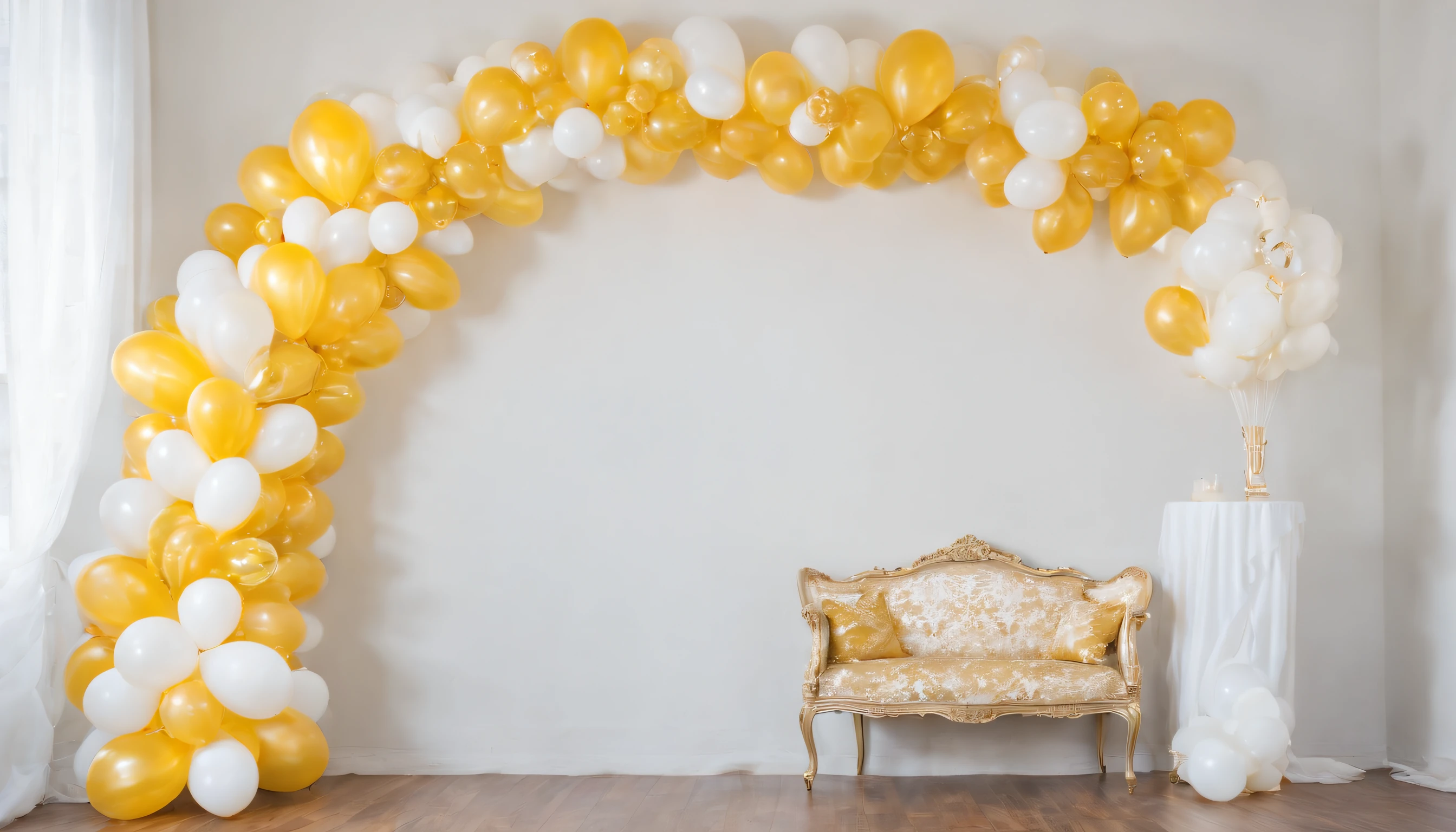 "RAW images, The most beautiful, masterpiece, best quality, high quality, extremely detailed,ARAFE balloon arch with yellow and white balloons and cream and gray happy birthday triangle string, yellow and white, Gold decoration, party balloons, White and yellow color scheme, White and yellow, decorative gold, Gold theme, Cream-colored walls, balloons, decorate, decoration around the walls, balloons, Lavish décor, Luxurious environment, Ornate and flexible, elegant and ornate"