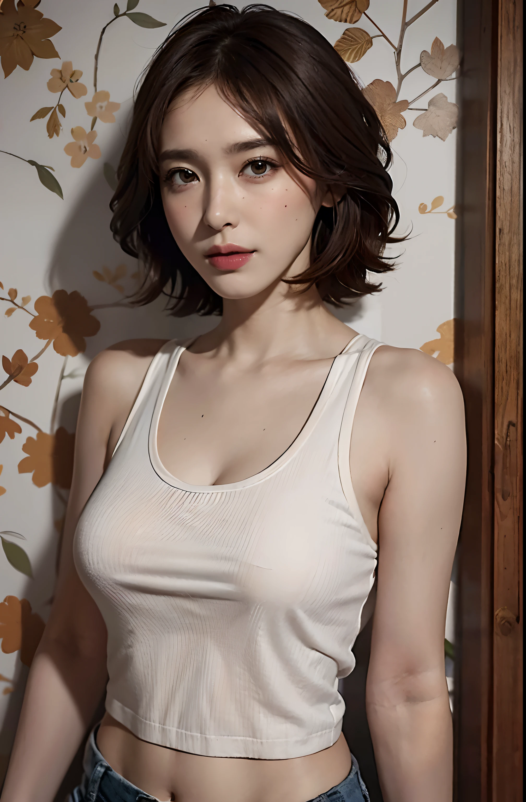 (A hyper-realistic), (illustratio), (hight resolution), (in 8K), (ighly detailed), (The best illustrations), (beatiful detailed eyes), (top-quality), (ultra-detailliert), (masterpiece), (wall-paper), (详细的脸), in the armpits,Brown hair color, short-haired,Upper Body Up,Girl in white tank top, japanes, Colossal tits, (camel's toe)