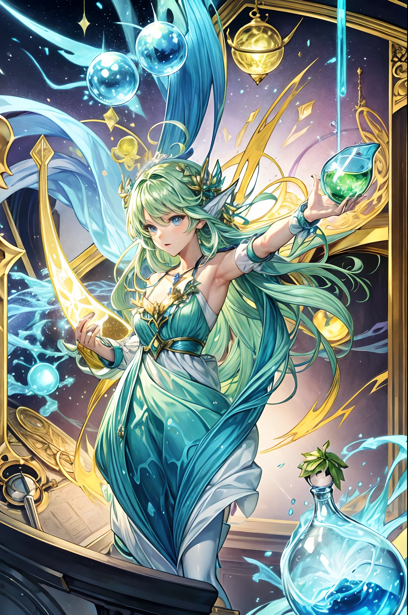 Air Sylph performing alchemy. Alchemy themed card game. Air Element.