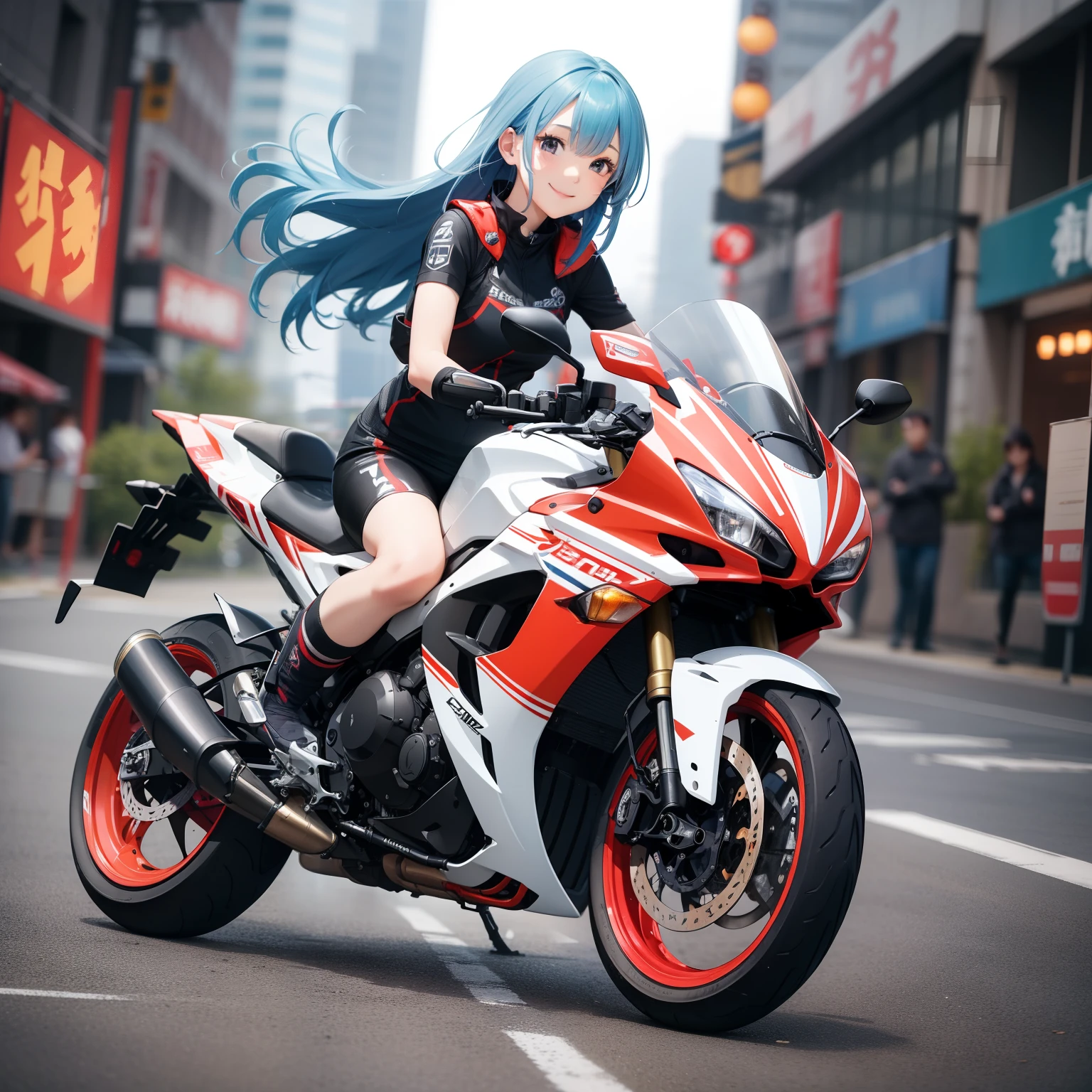 top-quality、8K、hight resolution、​masterpiece、(portlate:0.6)、Suzuki bikes ride at high speed around the city、(slow motion:1.3)、(Motion Blur:1.3)、(SPEEDLINE:1.4)、Sense of speed、1girl in、Sparks and smoke coming out of tires、Blue-haired、Middle hair、(A smile:1.3)、(Look at viewers:1.3)、(bokeh dof)、18year old、cute  face、falcon，Red Majora