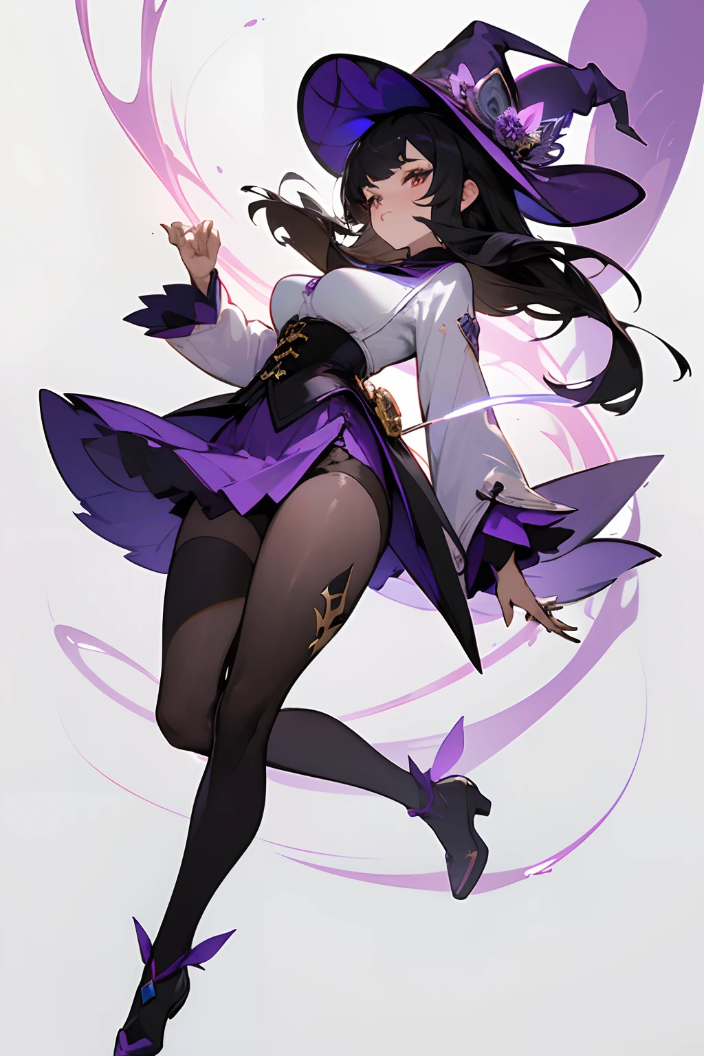 ((masterpiece)),(((best quality))),(solo, same character, same outfit, front view, ), illustration, 1 girl, alone, beautiful girl, genshin impact style, full body, witch, purple witch costume, scholar mini skirt, scholar shirt, big witch hat, golden eyes, long black hair, medium breasts, corset, open legs, thick thighs, black tight thigh stockings.