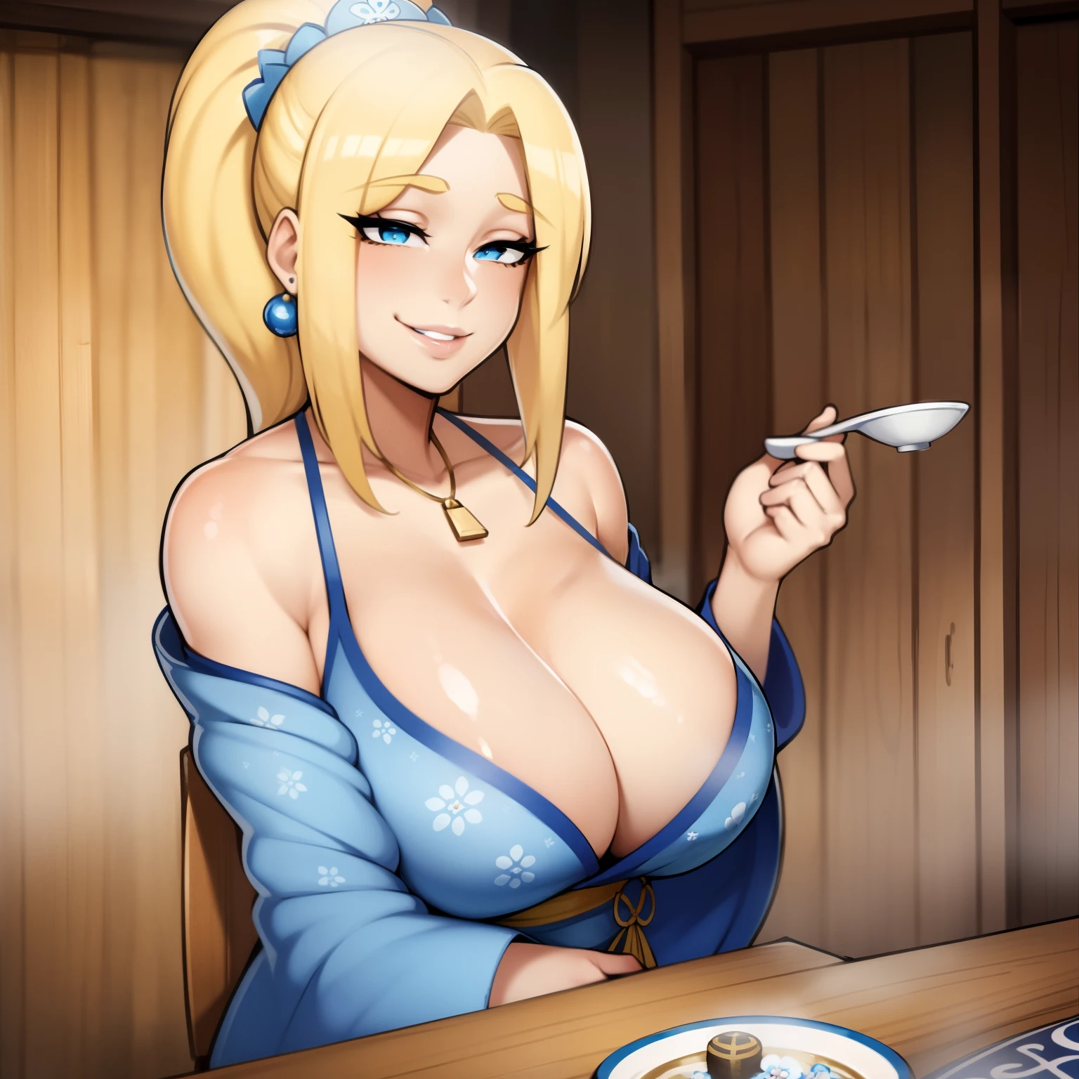 (((Solo))) Girl with light blonde hair in a ponytail, smiling, facing camera, blue eyes, large chest, wearing blue kimono with floral patterns, cooking, cleavage, sitting at a wooden table, beautiful eyes, detailed hands, full lips, best quality, (fortune teller), wearing golden earrings, wearing a golden necklace, holding an orb