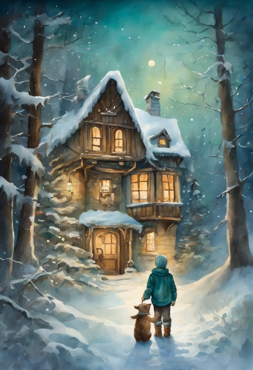 Fairytale landscape ,Portrait of a 9--old with short hair, Holding Santa's present,Close to a fabulous two-storey house,brown & Turquoise home painting, In a snowy forest setting, Surreal, Ethereal, Dreamy, mysterious, fantasy, Highly detailed