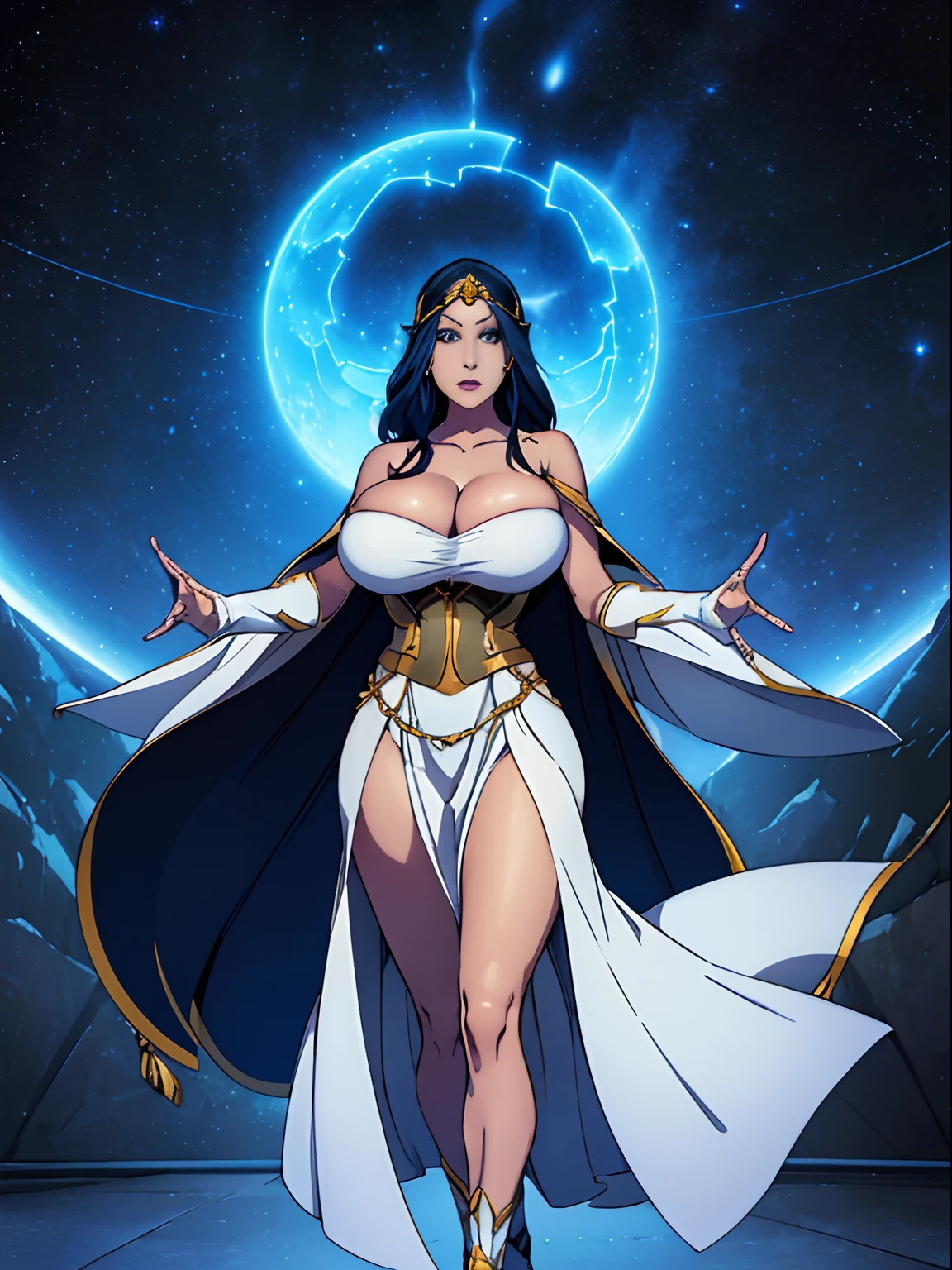 (masterpiece, top quality, best quality, official art, beautiful and aesthetic:1.2), (1girl:1.3), dark blue hair in braid, extremely detailed, portrait, looking at viewer, solo, (full body:0.6), detailed background, close up, (cool science fiction space theme:1.1), ((((blue skin, colored skin)))), extremely busty sorceress, charlatan, mysterious, casting spells in space, four arms, revealing white robes, revealing white dress, crossed straps, fingerless gloves, long gloves, glowing magical energy, blindfold, elaborate headdress, golden ceremonial halo, sheer white fabric, elegant robes, skirts, streamers, cowl, cape, sandals, bracers, ((((extra arms, gigantic breasts, cleavage, skindentation)))), slim waist, slim hips, long legs, athletic, SPACE, futuristic moon, (space exterior:1.1) background, dark mysterious lighting, shadows, magical atmosphere, dutch angle