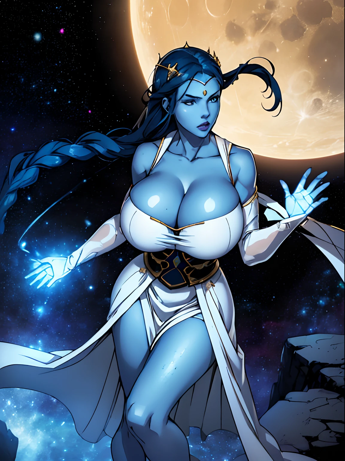 (masterpiece, top quality, best quality, official art, beautiful and aesthetic:1.2), (1girl:1.3), dark blue hair in braid, extremely detailed, portrait, looking at viewer, solo, (full body:0.6), detailed background, close up, (cool science fiction space theme:1.1), ((((blue skin, colored skin)))), extremely busty sorceress, charlatan, mysterious, casting spells in space, four arms, revealing white robes, revealing white dress, crossed straps, fingerless gloves, long gloves, glowing magical energy, blindfold, elaborate headdress, golden ceremonial halo, sheer white fabric, elegant robes, skirts, streamers, cowl, cape, sandals, bracers, ((((extra arms, gigantic breasts, cleavage, skindentation)))), slim waist, slim hips, long legs, athletic, SPACE, futuristic moon, (space exterior:1.1) background, dark mysterious lighting, shadows, magical atmosphere, dutch angle