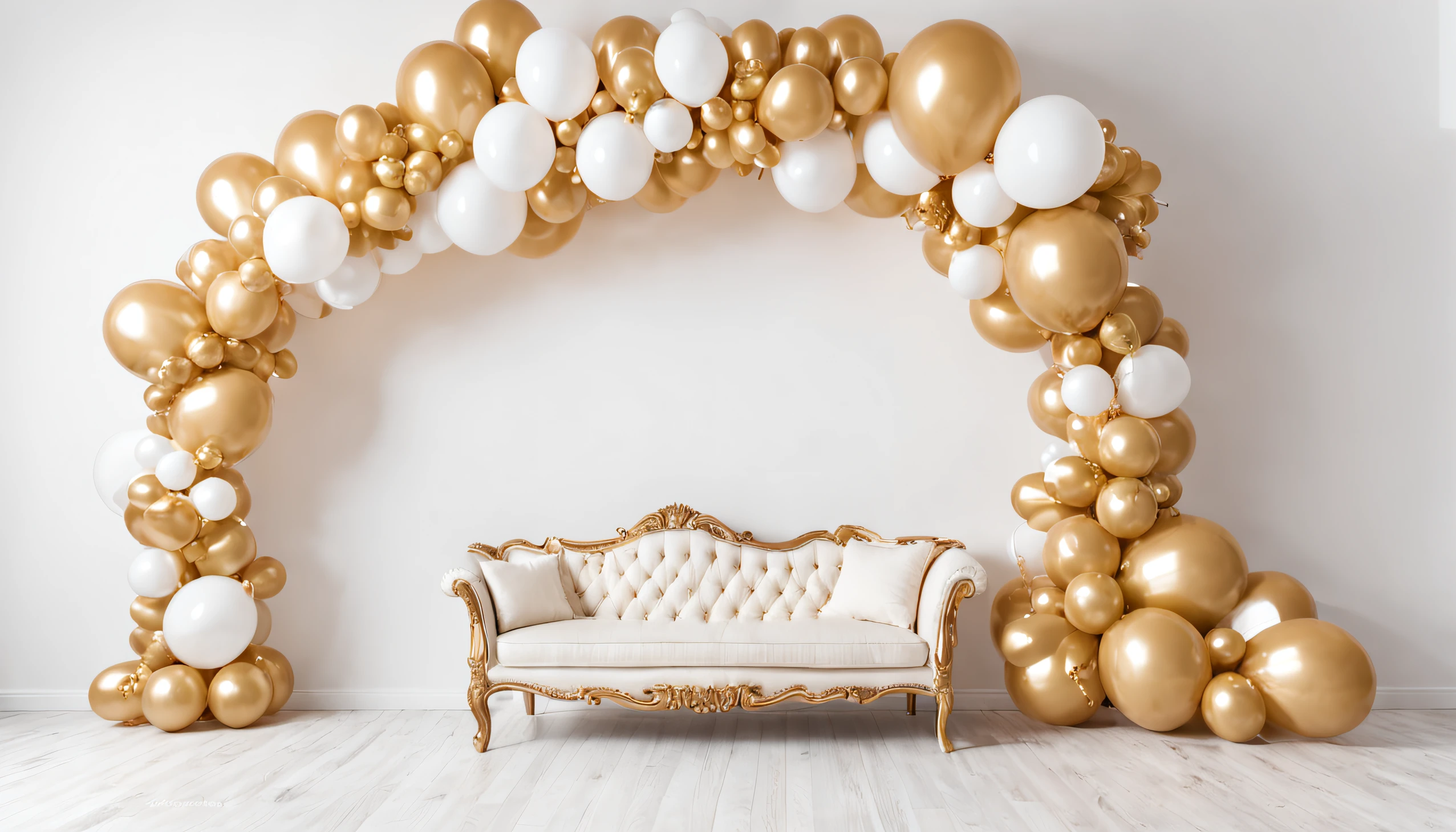 "RAW photo, best, masterpiece, best quality, high quality, extremely detailed,araffe balloon arch with gold and white balloons and a couch, gold and white, gold decorations, party balloons, white and gold color scheme, white and gold, gold decoration, gold theme, cream - colored room, balloons, decoration, decoration around the room, baloons, lavishly decorated, luxurious environment, ornate and flowing, elegant and ornate"