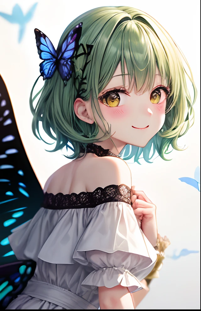 girl with、No background、without background、Background through、light green hair、Light green hair、short-cut、Subject bangs、Aligned bangs、Eyes are yellow、Yellow eyes、robe blanche、White Dress、Shoulder out、shortsleeves、bow ribbon、butterflys々Feathers of、Butterfly wings grow、butterflys々、A smile、A smile、kawaii、Background white、without background