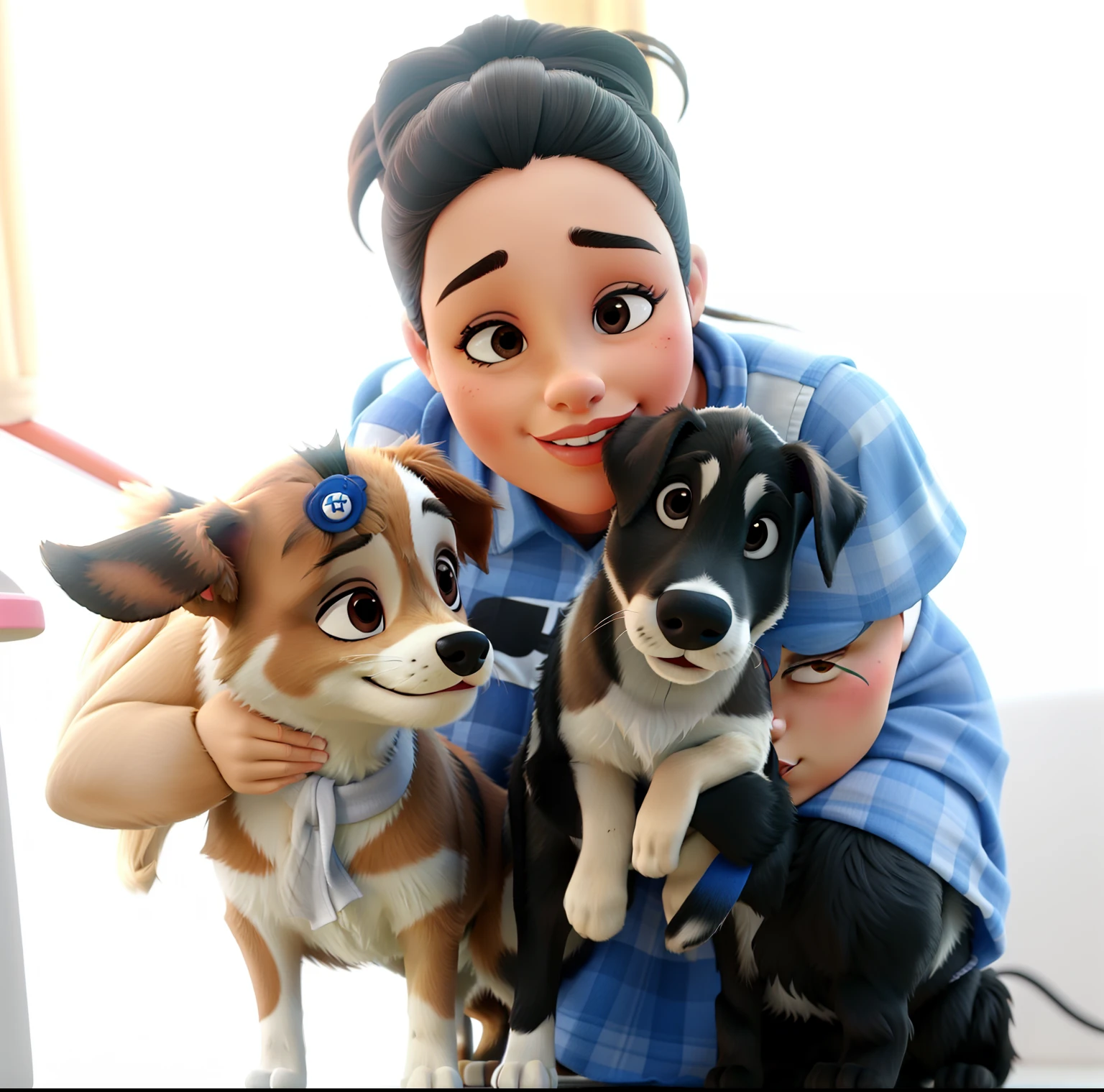 Uma mulher segurando dois cachorros, e um deles esta beijando seu rosto
