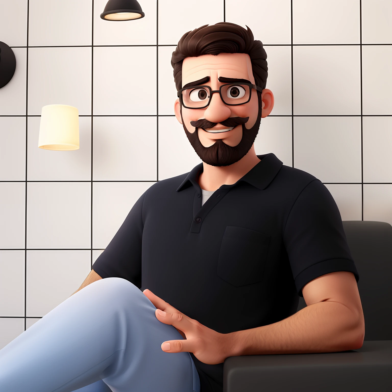 Um adulto parado na frente, illuminated by the light of a lamp, contra o pano de fundo de uma biblioteca, com barba e bigode, Wearing glasses and smiling, usando camisa branca. Realista, imagem ultrarrealista, Bigode Natural, macho velho,foto retrato suave 8 k, retrato muito detalhado, bigode grosso, estilo hiper-realista, barba fina e brilhante, pelos faciais curtos, Bartstoppeln, FOFO, rosto detalhado, retrato ultra realista