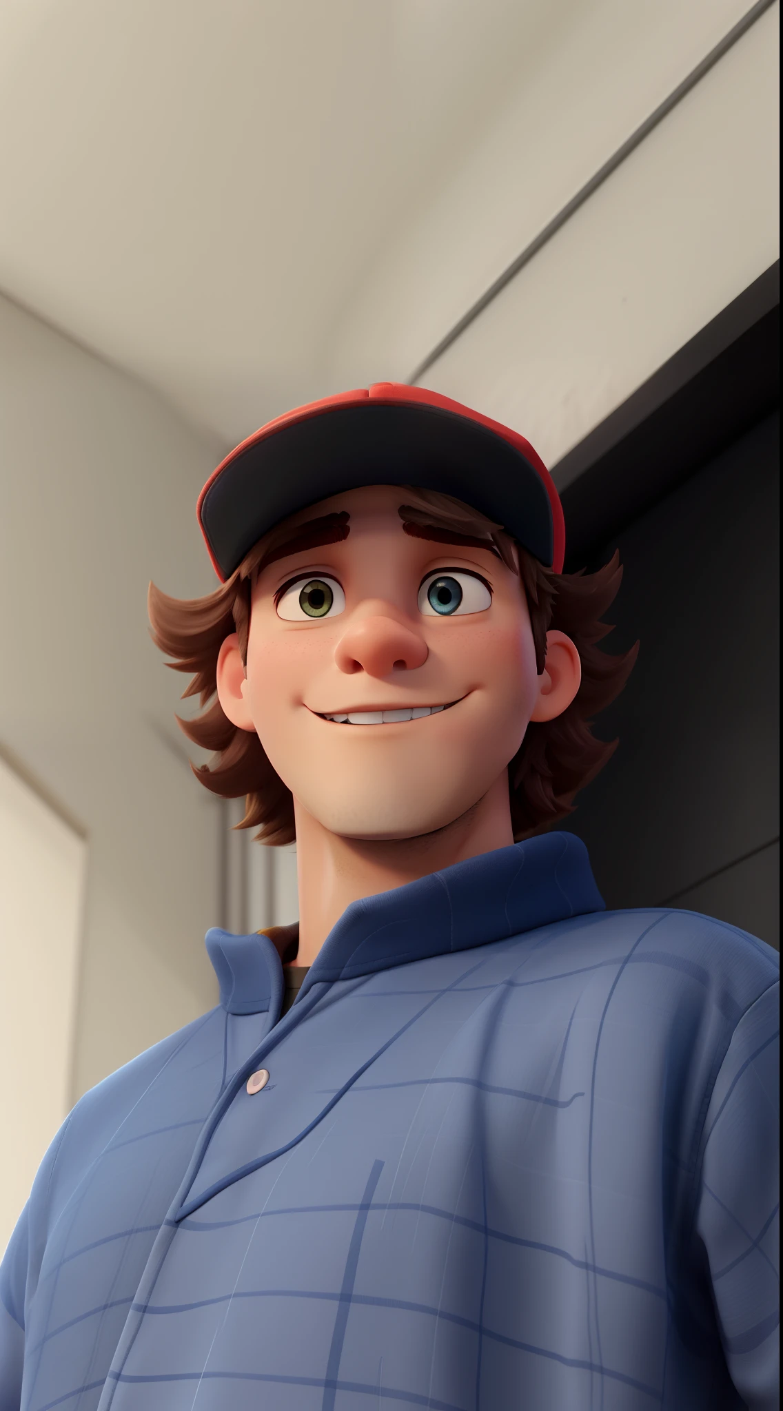 A boy wearing a cap. com cabelo grande, estilo Disney Pixar, alta qualidade, melhor qualidade.