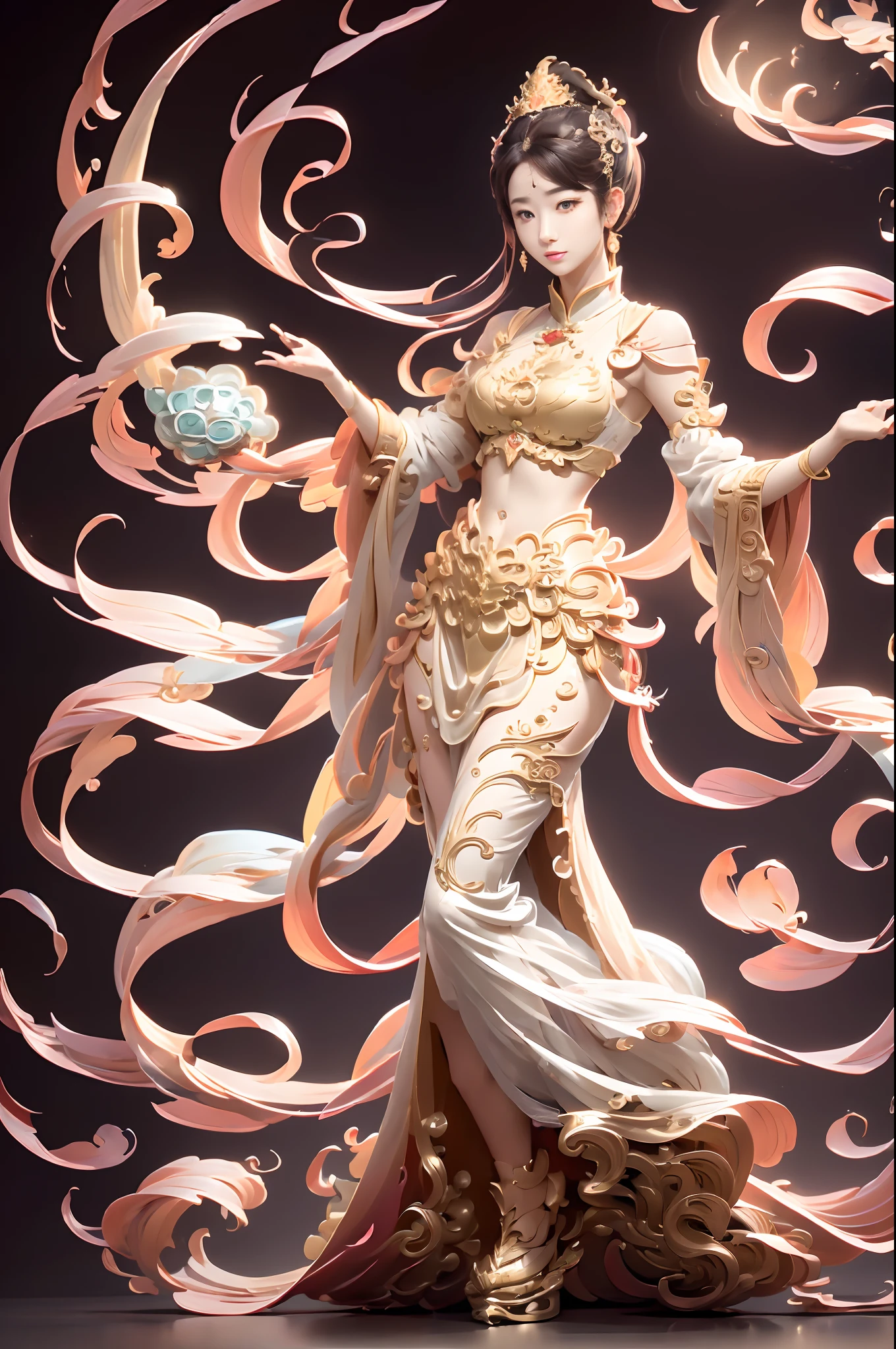 Full Shot, Masterpiece, Night, Milky Way, Moon, Best Quality, Full Body Shot, Period Costume, Realistic, 1 Girl, Urzang, (PureErosFace_V1:0.7), 1 Girl Under the Moon ((Flying)), Chinese Immortals, dunhuang_cloths, dunhuang_style, (Chinese palace in the sky in the background: 1.5), (clouds on the ground: 1.5, surrounded by smoke: 1.5), best quality, realistic, realistic, award-winning illustrations, (complex details: 1.2), (fine details), (intricate details), (cinematic light, best quality backlight), clear lines, fashion girl, sharp focus, realistic face, detailed face, official art, Unity 8k wallpaper, super high resolution, (realistic: 1.5), looking at the viewer, ulzzang-6500，