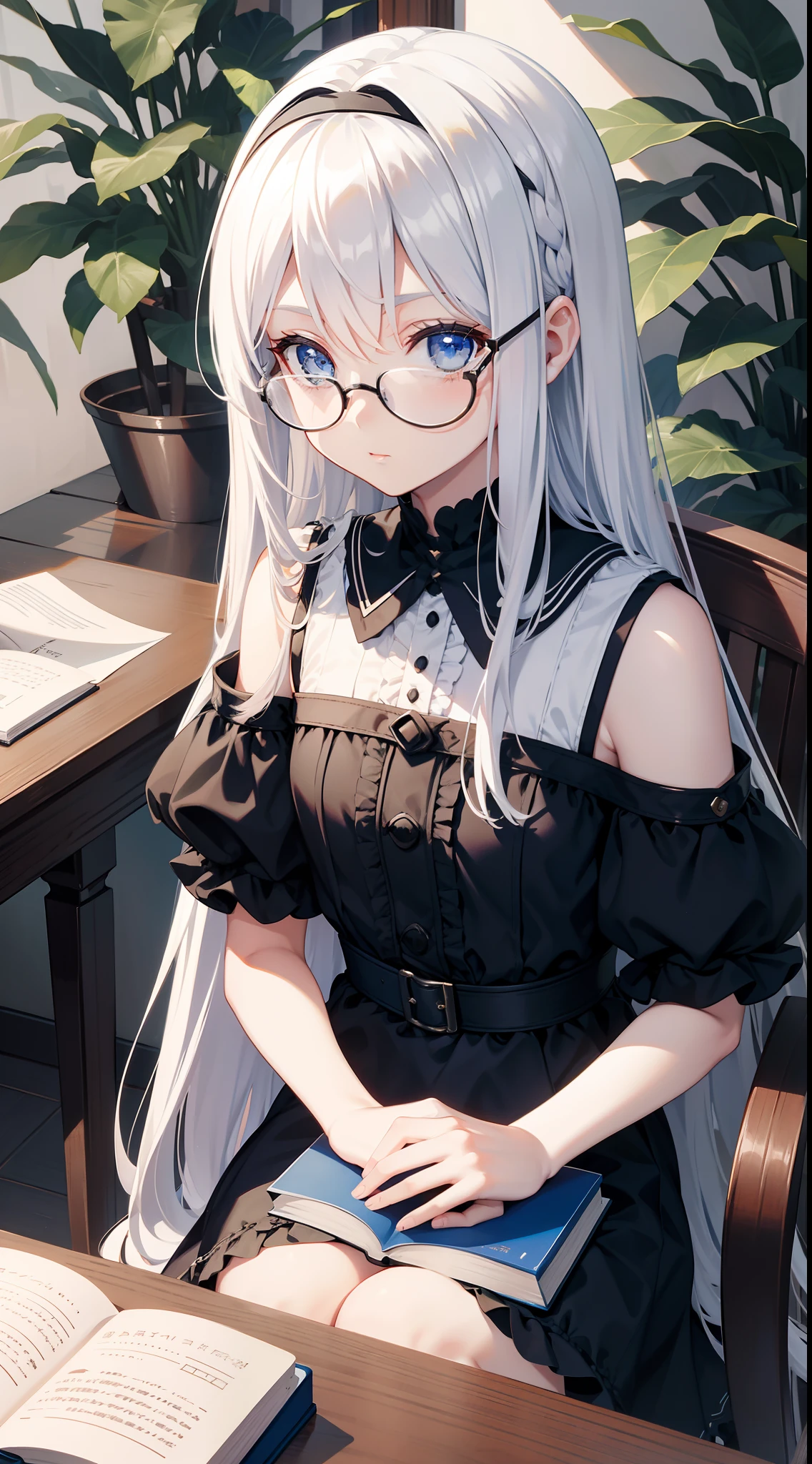 , Long white hair, blue eyes, black, Stylish glasses, blue dress, fluffy dress, short sleeves, open shoulders, book, sitting at a table, tea, Masterpiece, hiquality, 4k, HD, Good detail