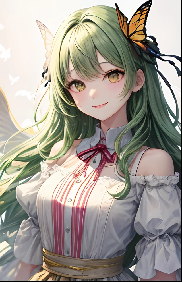 girl with、No background、without background、Background through、light green hair、light green hair、The long-haired、Long、Subject bangs、Aligned bangs、Eyes are yellow、Yellow eyes、robe blanche、White Dress、Shoulder out、shortsleeves、bow ribbon、butterflys々Feathers of、Butterfly wings grow、butterflys々、A smile、A smile、kawaii、Background white、without background