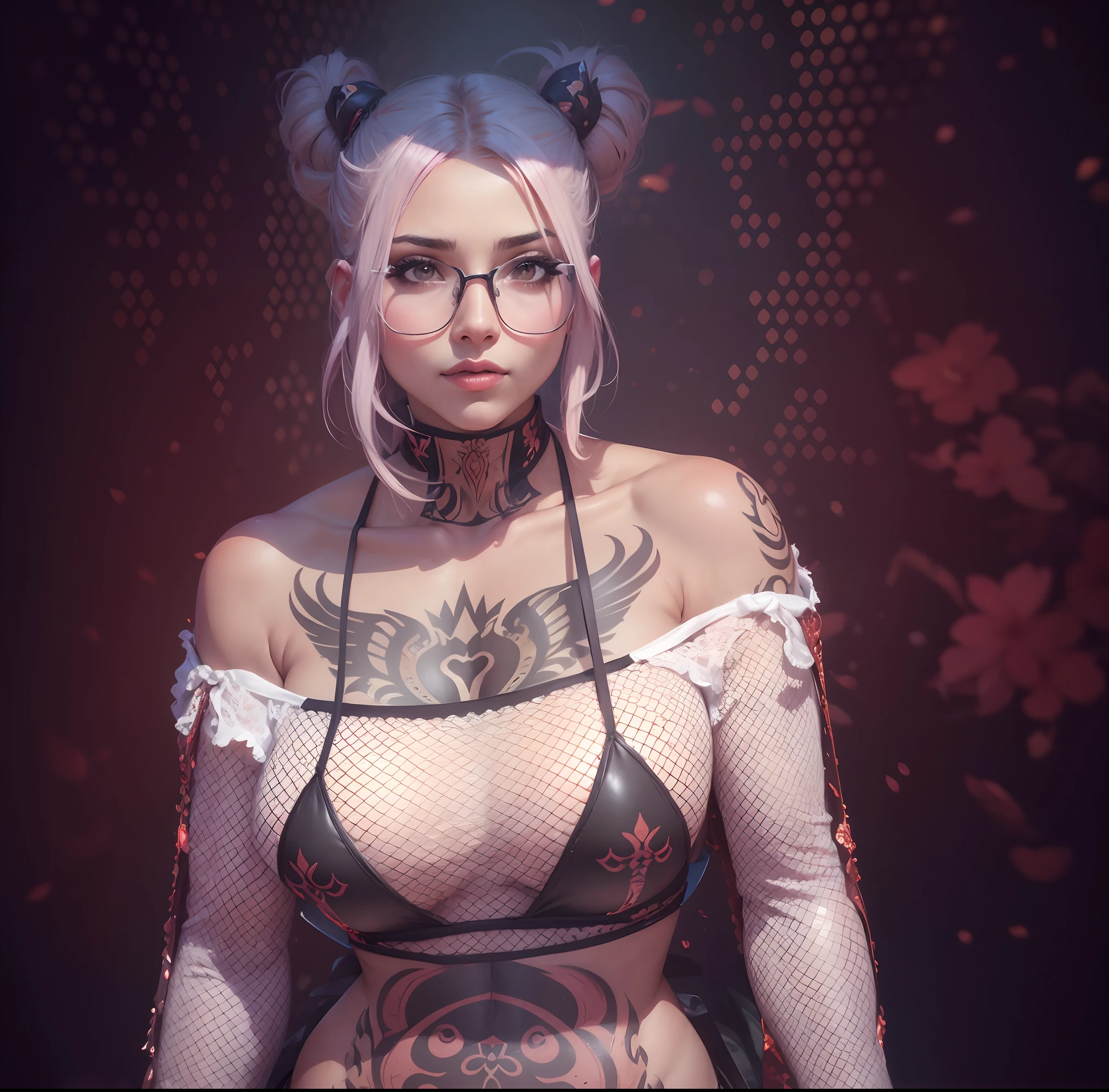 1 girl, salmon hair, Chifres, roupas tigh sexy, pele branca, glasses, Tatuagens, best quality, high resolution, 4k, 8k
