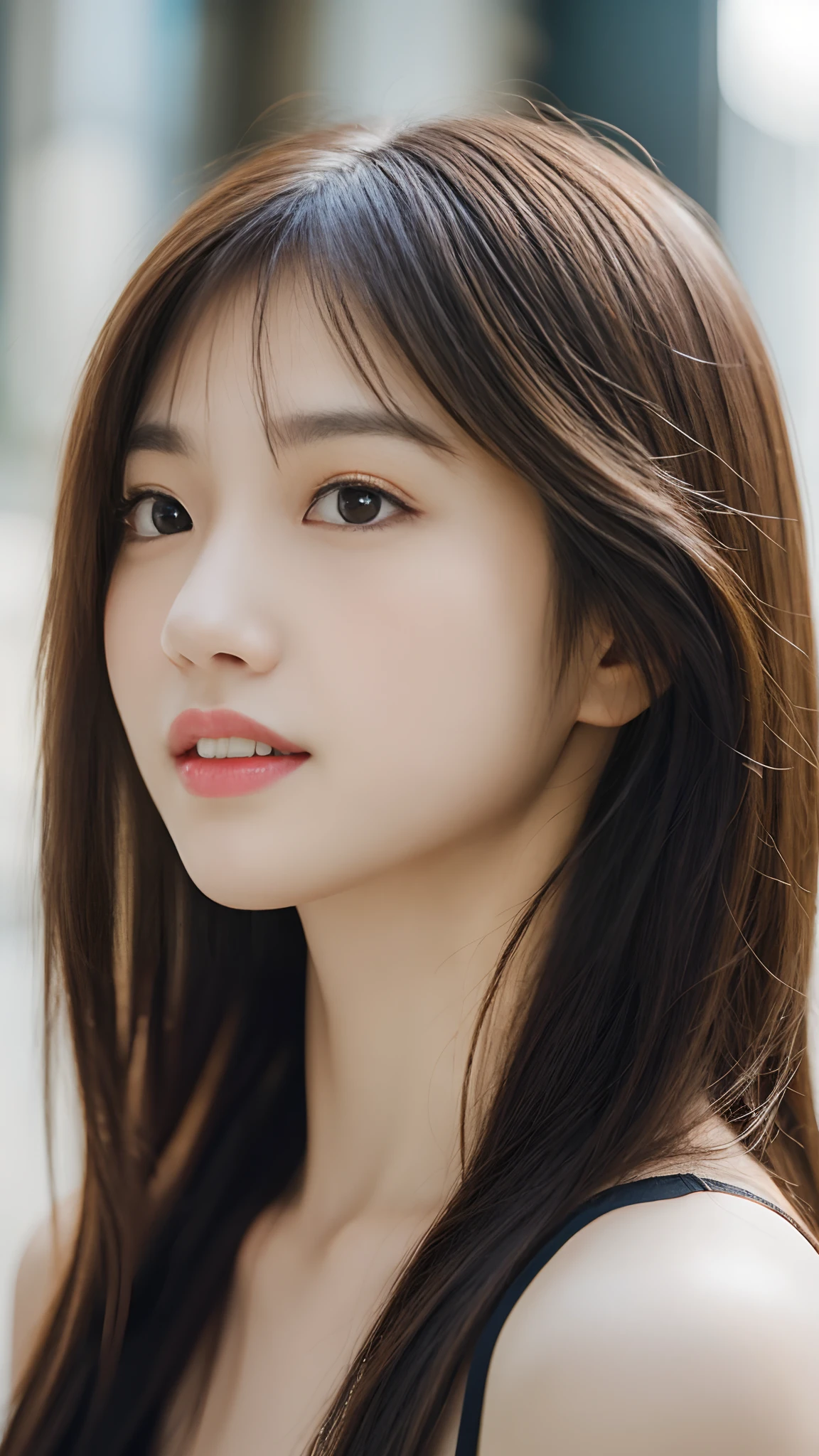 Angelic Very beautiful cute girl,
Beautiful detailed eyes,
Detailed double eyelids,
(Large eyes:1.3),long eyelashes,
see-through bangs,
(beautiful detailed face and eyes:1.4),
small nose,
small mouth,
Beautiful long hair,
happy smiling with visible teeth,
(Best Quality:1.2),
Raw photo,
High resolution,
perfect detail,
Professional Photography, Beautiful woman in black underwear、Beautiful legs,Body、Beautiful breasts, Lighting,Walking, In the city,Brown hair,