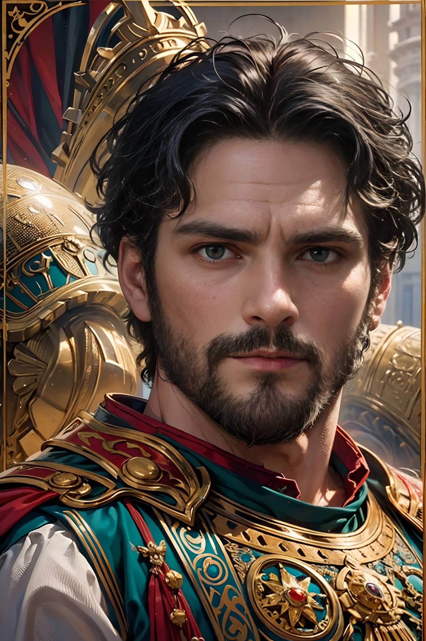 (Movie Premiere Poster 1.8), It depicts a brutal king of the ancient Roman Empire, Commodus( Commodus),American actor Joaquin Phoenix(Joaquin Phoenix)play,He was the son of Marcus Aurelius,Insidious and vicious,Ambitious。He was there to usurp the throne,Killed his own father,with short black hair,light stubble,35yo,Dressed in the armor of a king,Decoration of the nobility,Photo taken in 2001,8K, High definition, Detailed face, Detailed eyes,Hyper-realistic, + cinema shot + Dynamic composition, Incredibly detailed, Sharpen, Cinematic, warm lights, Light effect, Dramaticlight, (Intricate details:1.1), the complex background, (greg rutkovsky:0.8), (Teal and orange:0.4),Correct anatomy,