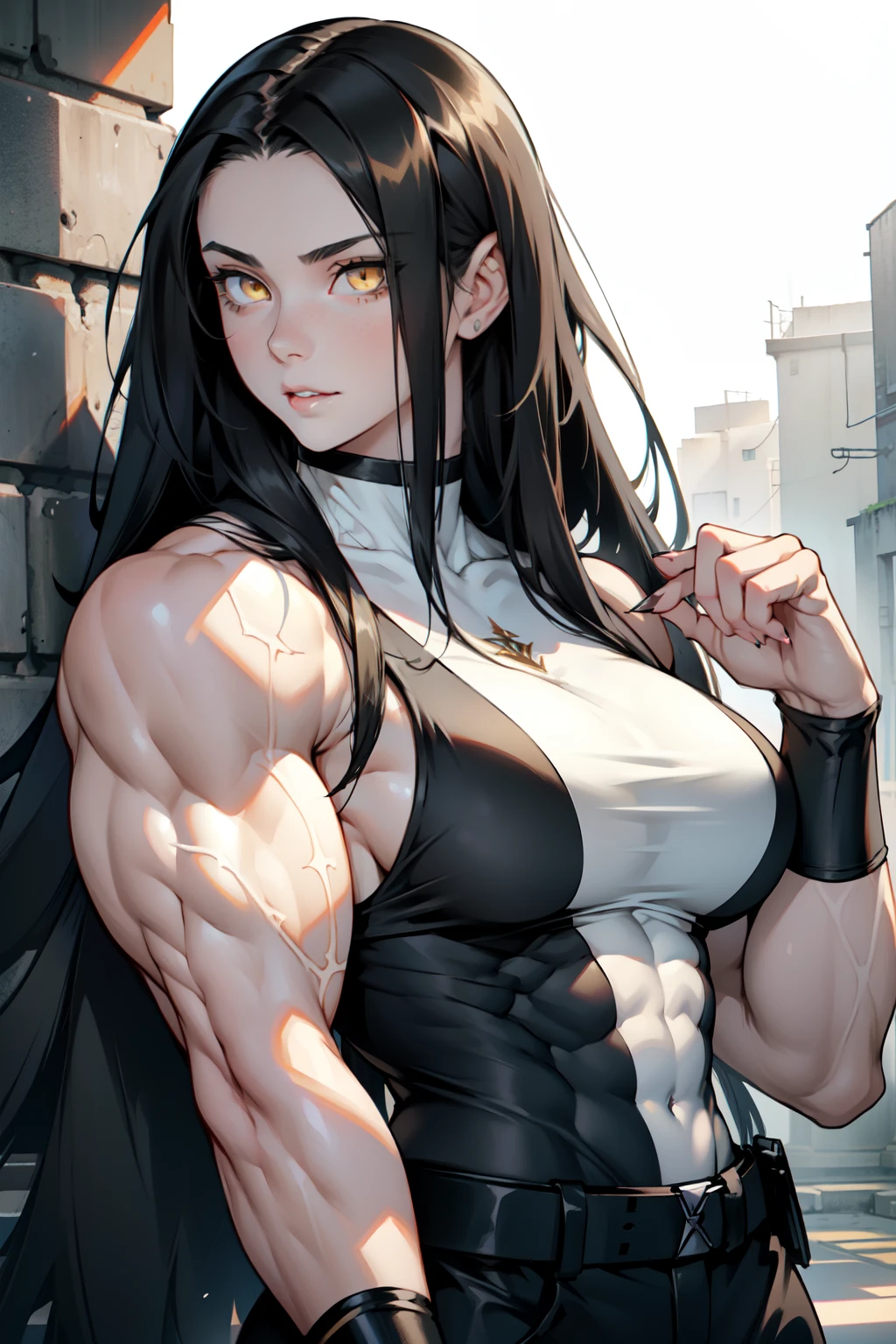 ((1 girl)), solo, ((muscular)), veins, black hair, yellow eyes, pale skin, strong, veins, abs, huge breasts, frowning, (((UHD best quality 16k masterpiece))) wavy hair hair between eyes