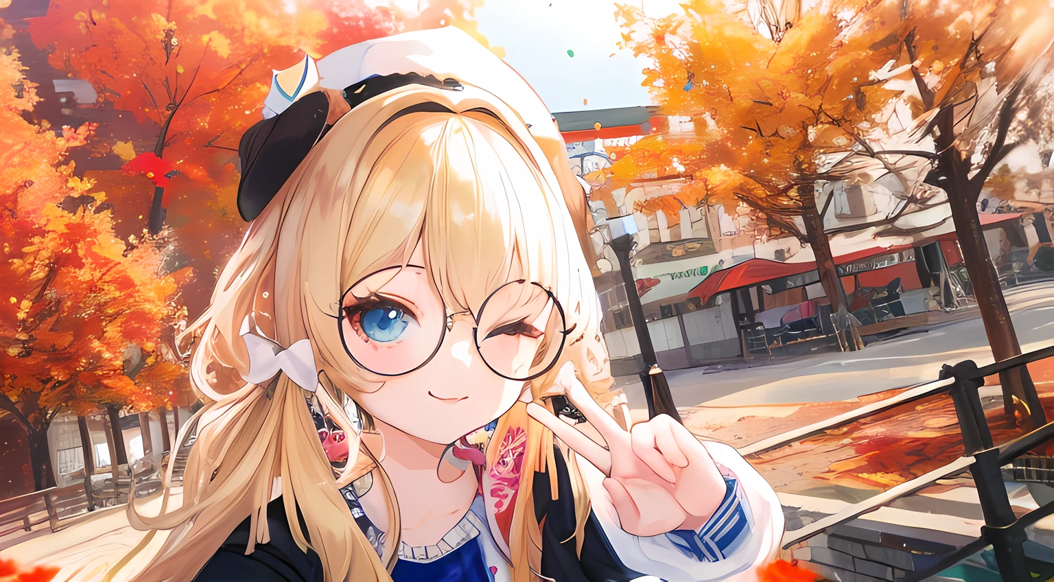 anime girl with round glasses and a hat on a autumn city street, blue eyes, have blonde hair, have cute brown dog ears, smile wink expression,🍂 cute, render of a cute 3d anime girl, anime style. 8k, anime styled 3d, small curvy loli, 🍁 cute, render of april, anime vibes, realistic anime 3 d style, cute character, !!wearing round glasses!!, piece hand sign, photorealistic anime girl render, vrchat, shikamimi,