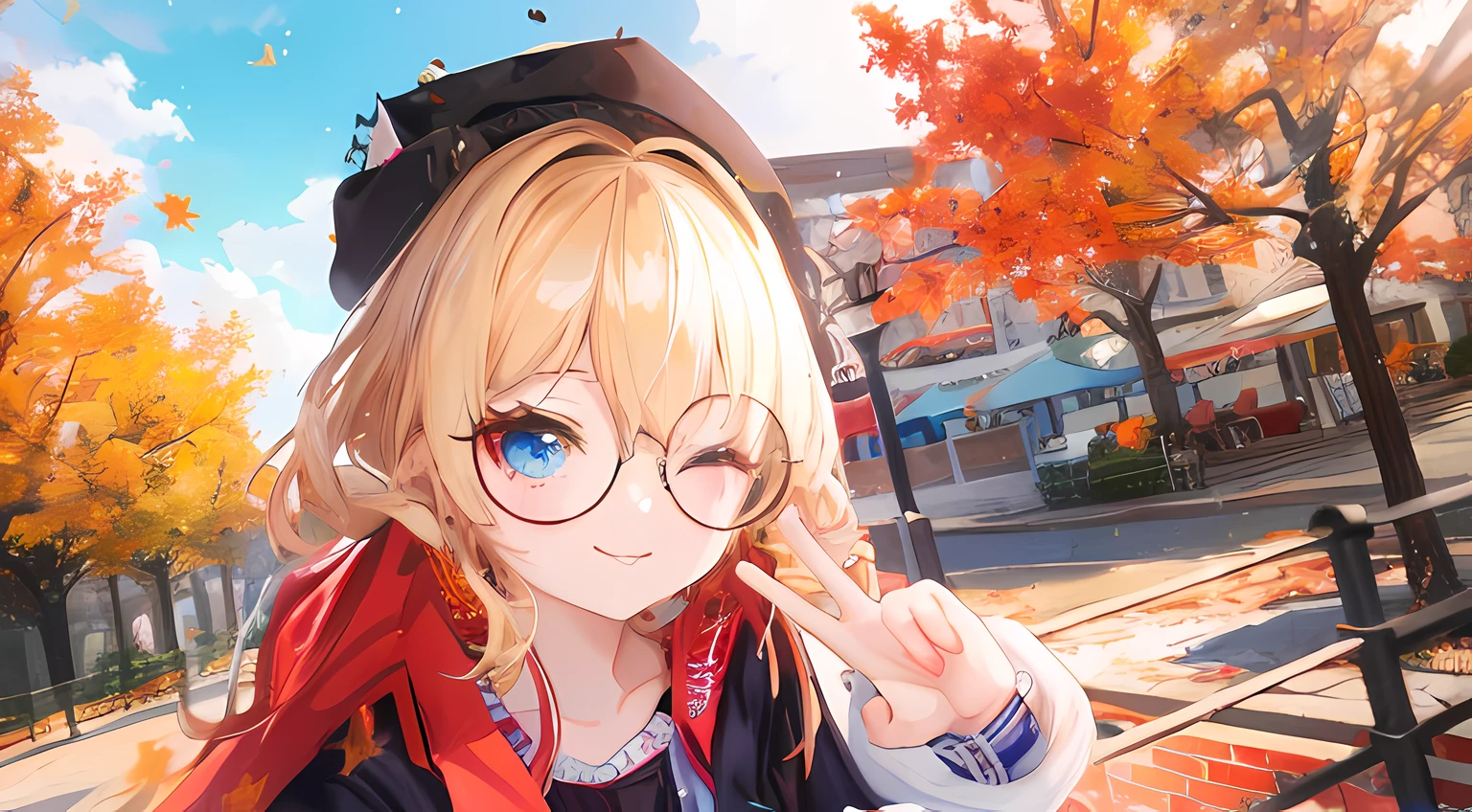 anime girl with round glasses and a hat on a autumn city street, blue eyes, have blonde hair, have cute brown dog ears, smile wink expression,🍂 cute, render of a cute 3d anime girl, anime style. 8k, anime styled 3d, small curvy loli, 🍁 cute, render of april, anime vibes, realistic anime 3 d style, cute character, !!wearing round glasses!!, piece hand sign, photorealistic anime girl render, vrchat, shikamimi,