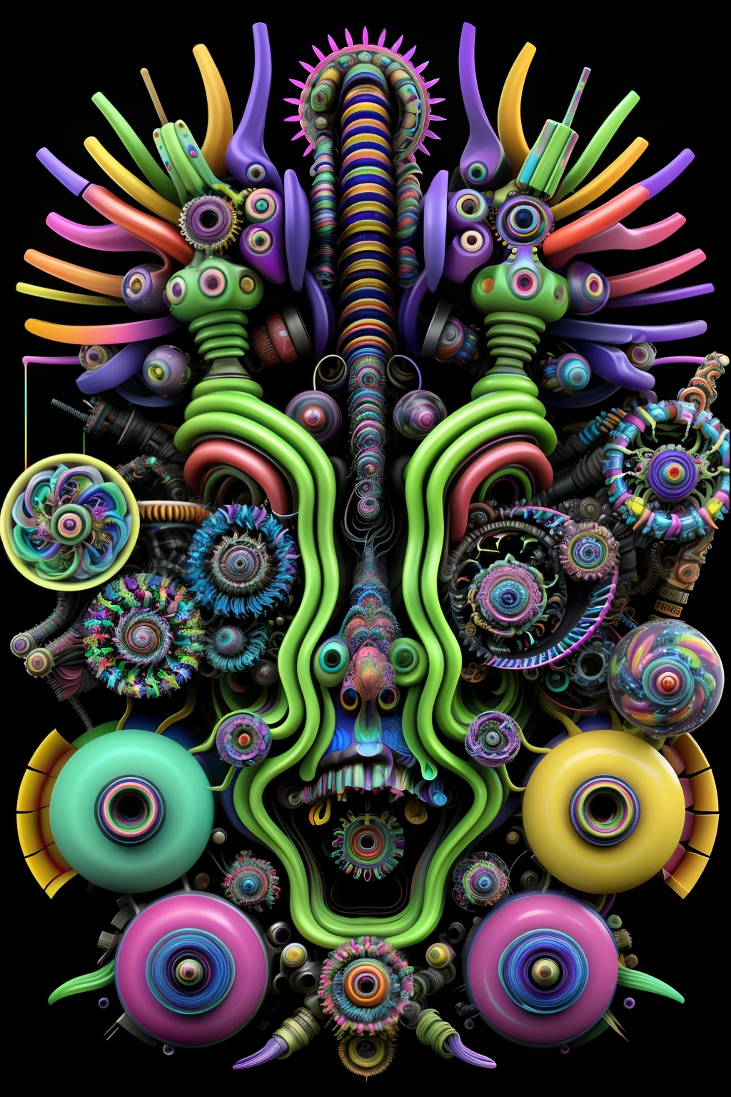 a close up of a colorful sculpture of a face with many different colored objects, psychedelic organic cyborg, abstract fractal automaton, fractal biomech, elaborate digital art, colorful alien flora, dmt art, complex alien fractal structure, surreal psychedelic design, hallucinatory art, mechanical form of life, dmt entity ; lsd art, dmt visuals, intricate colorful
