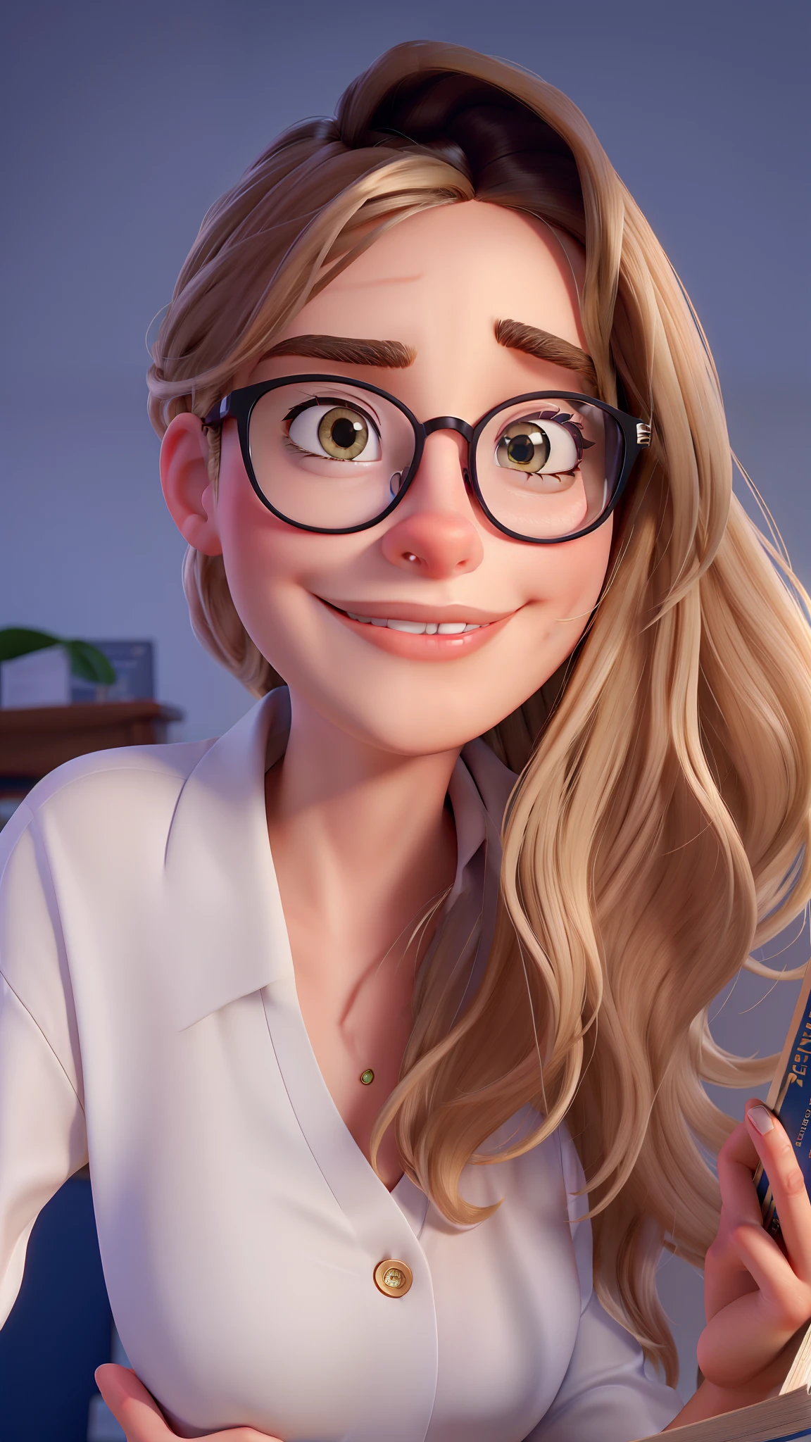 Blonde woman long hair beautiful brown eyes wearing glasses holding a psychology book with perfect light high quality best image Disney Pixar style